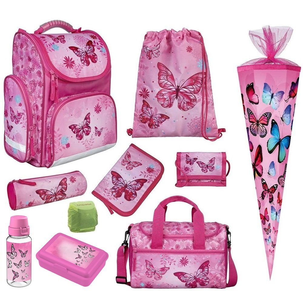 Familando Schulranzen Clou (Set, 10-tlg., inkl. Sporttasche und Schultüte / Zuckertüte 85cm), BUTTERFLY Schmetterlinge Rosa/Pink