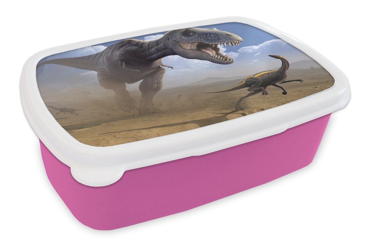 MuchoWow Lunchbox rosa Brotdose für Snackbox, Wildlife Kinder, - Mädchen, Kinder - Erwachsene, Brotbox Kunststoff, Kinder - (2-tlg), Zeichnung Kunststoff - Dino Kinder, 