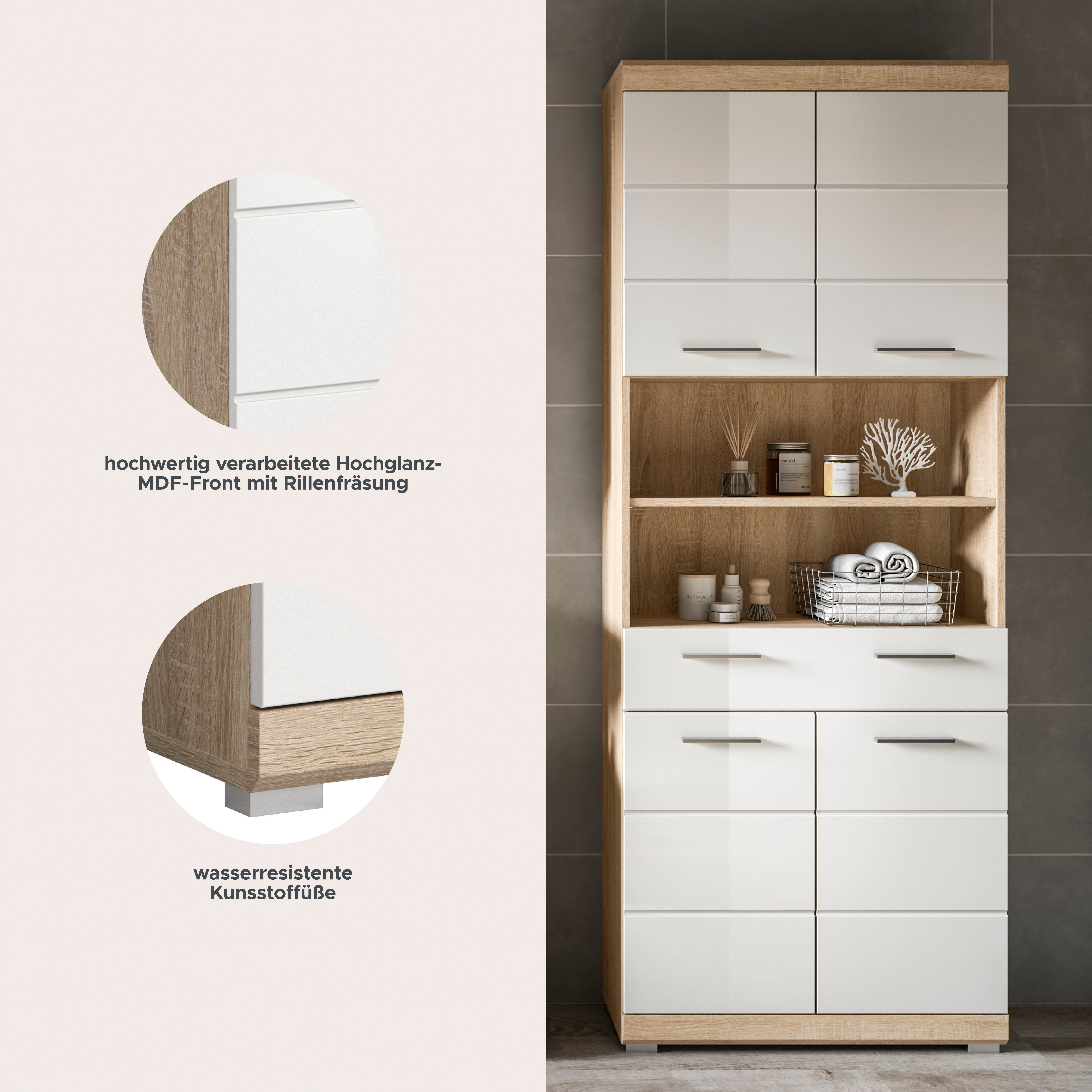 welltime Hochschrank SIENA, Breite 74cm, 4 Türen, 1 Schubkasten, 2 offene Fächer, MDF-Front (TOPSELLER) in verschiedenen Farben erhältlich, Badmöbel, Badschrank, Schrank, Bad