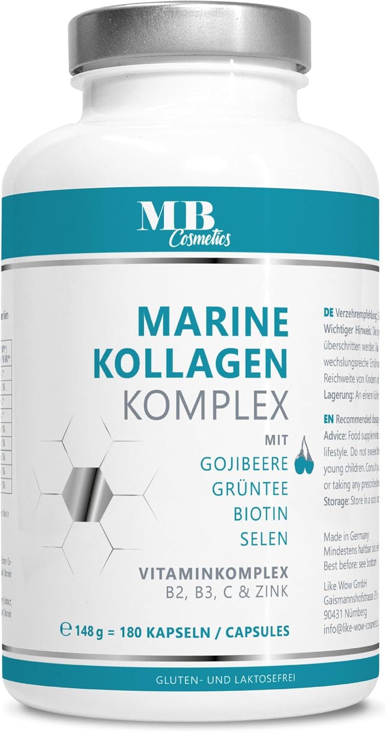 Medical Beauty Cosmetics Marine Kollagen Komplex - 1.200 mg (Peptan F) mit Vitamin C, 180 Kapseln, 1 er Packung à 148 g, Premium Marine Kollagen (Peptan F) mit Grüntee & Selen