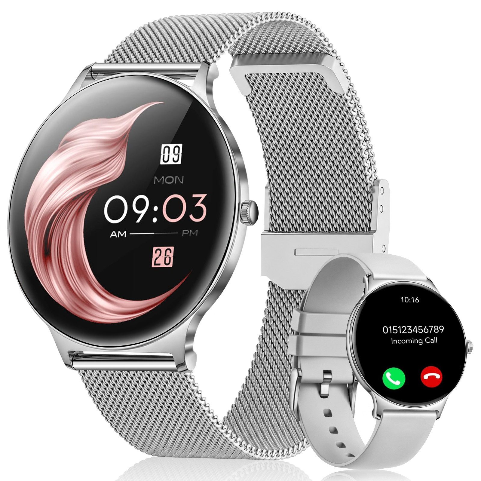 SWGOTA 2026 Smartwatch Damen Ultradünn mit 1,56" AMOLED und 20 Tage Akku Smartwatch IP68+5ATM Fitnessuhr mit 150+ Sportmodi und Bluetooth-Anruf, sowie SpO2-, WhatsApp Benachrichtigungen, Herzfrequenz-, Blutdruck- und Schlafüberwachung für Android und iOS