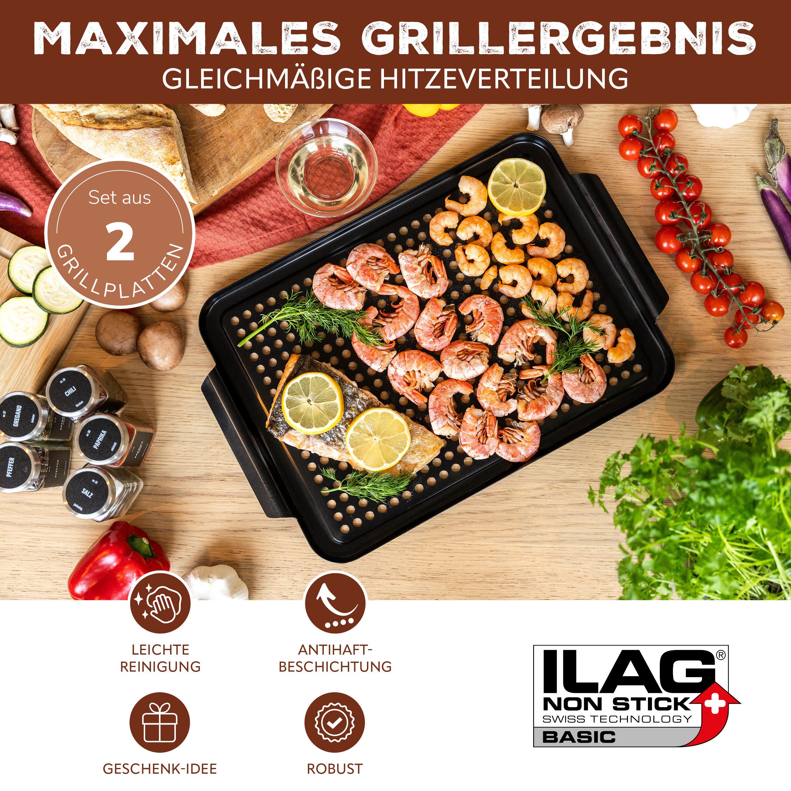 bremermann Grillplatte Grillplatte 2er-Set, Grillpfanne, antihaftbeschichtet 29,5 x 25,5 cm (2-St), perforierte Oberfläche