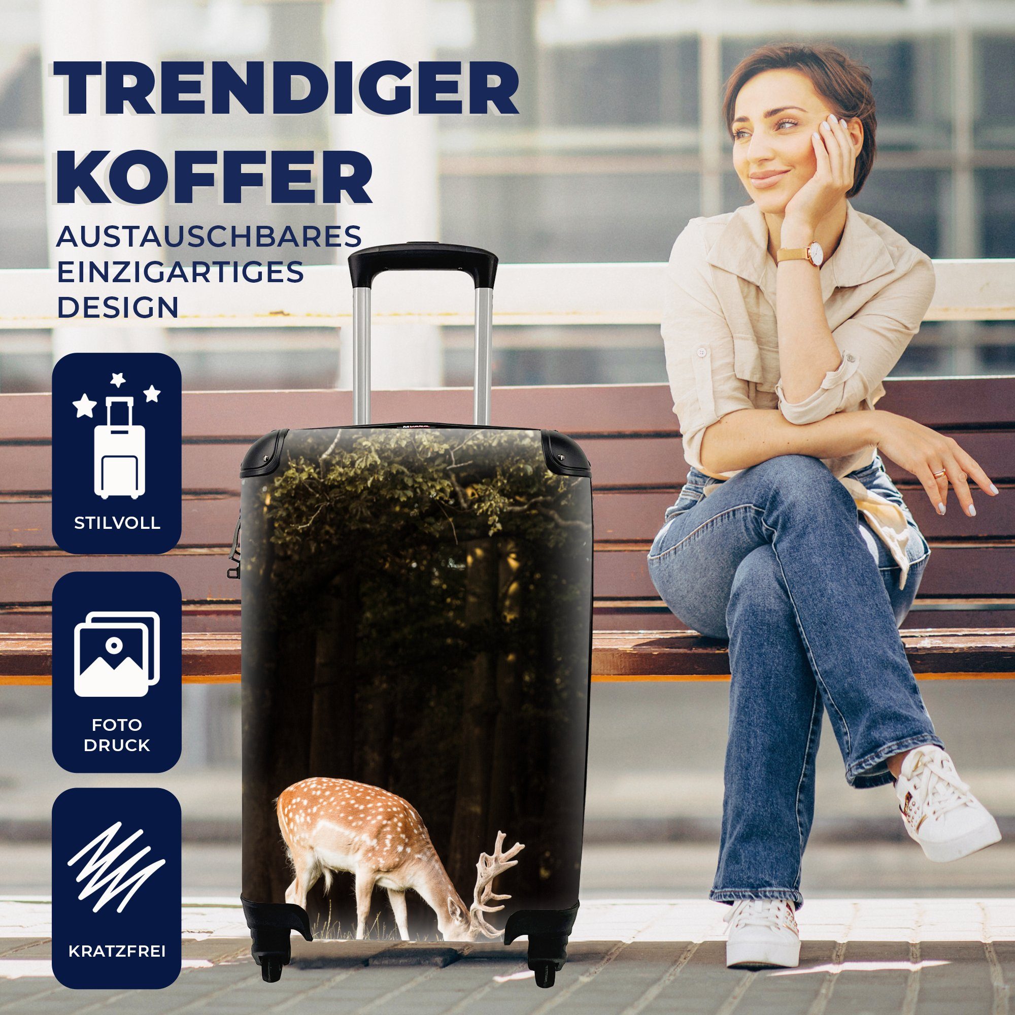 4 Ferien, für mit - Handgepäckkoffer Reisetasche Gras, Handgepäck MuchoWow Trolley, Reisekoffer rollen, - Rollen, Nahrung Hirsche