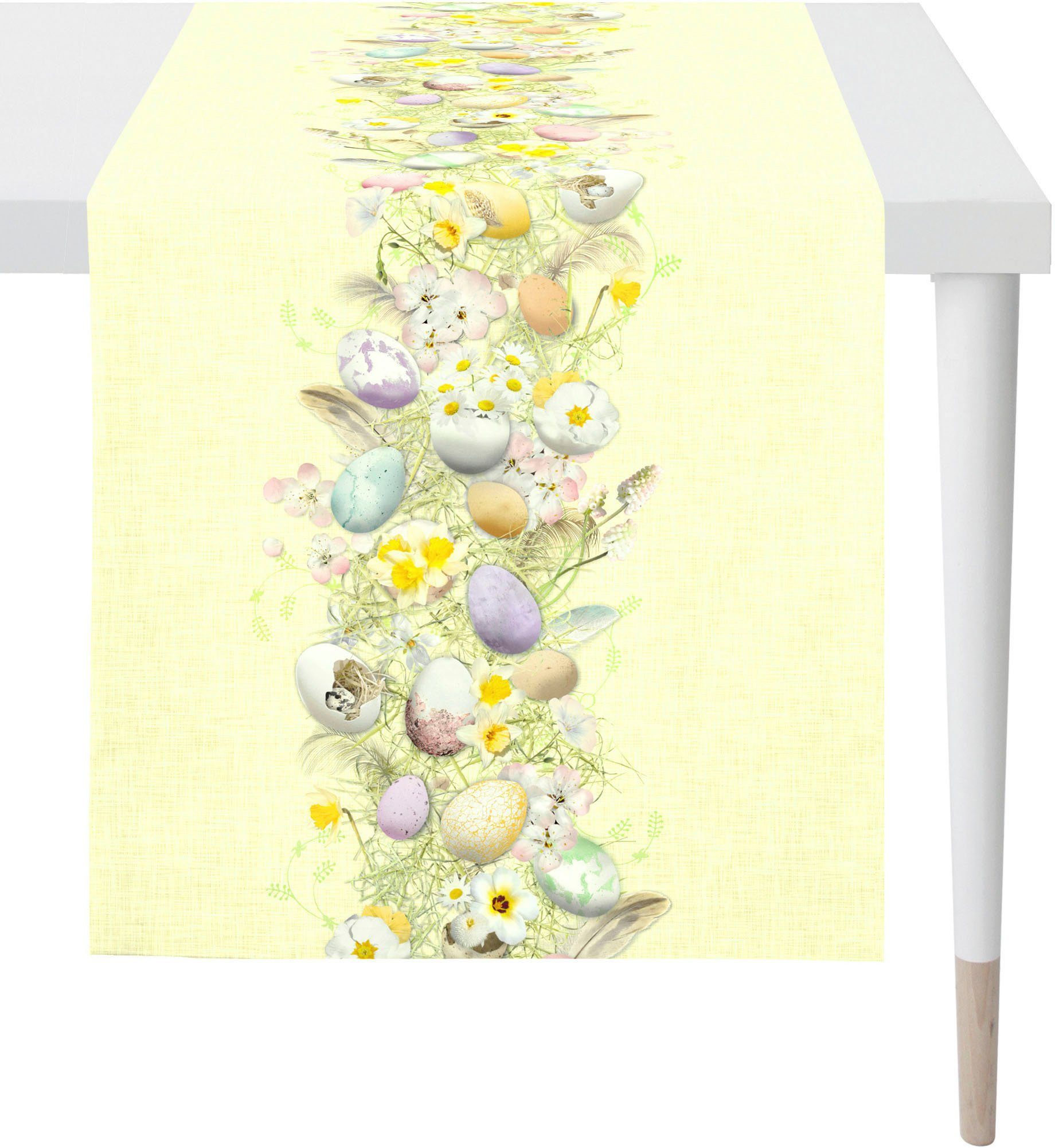 APELT Tischläufer 6810 HAPPY (1-tlg), Ostern und mit Osterdeko, modisches Design bunt Ostereiern Digitaldruck, Blüten EASTER, gelb