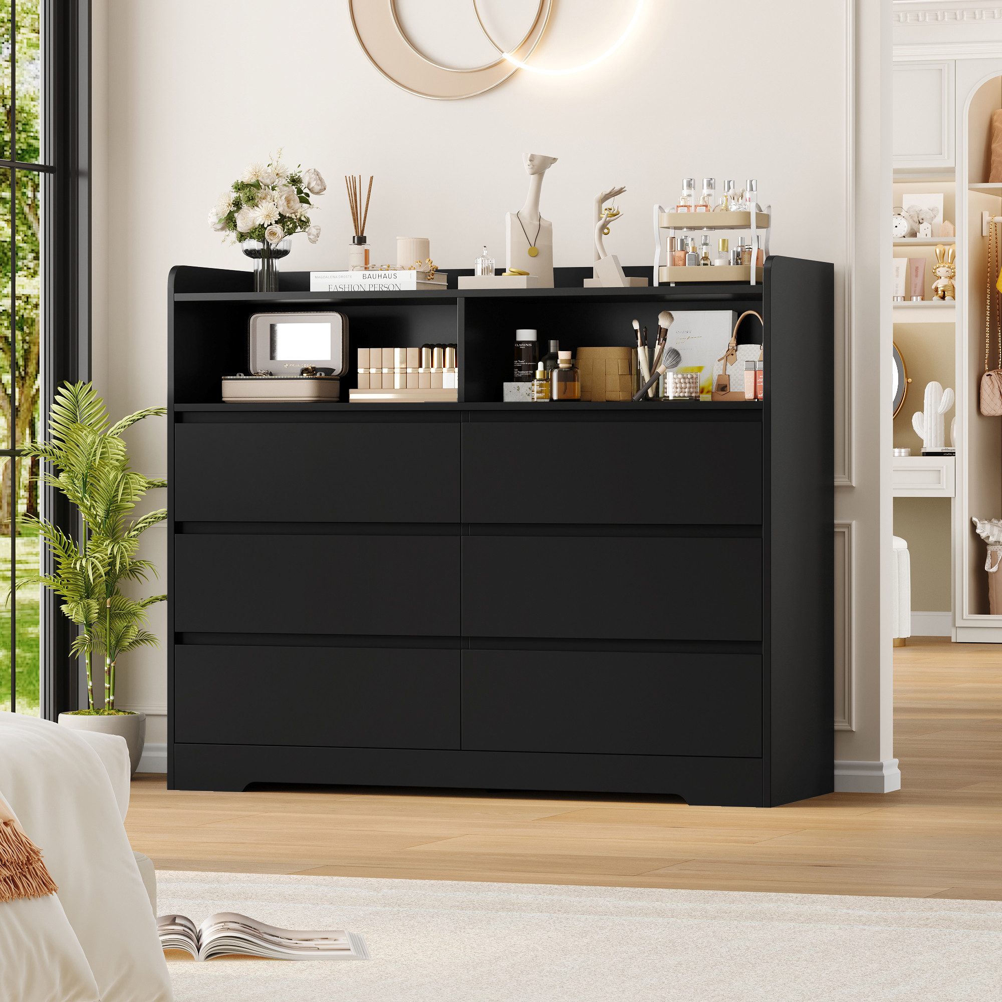 Homfa Kommode Sideboard Komodenschrank, mit 6 Schubladen und 2 offenen Fächern, Breite 120cm Höhe 100cm