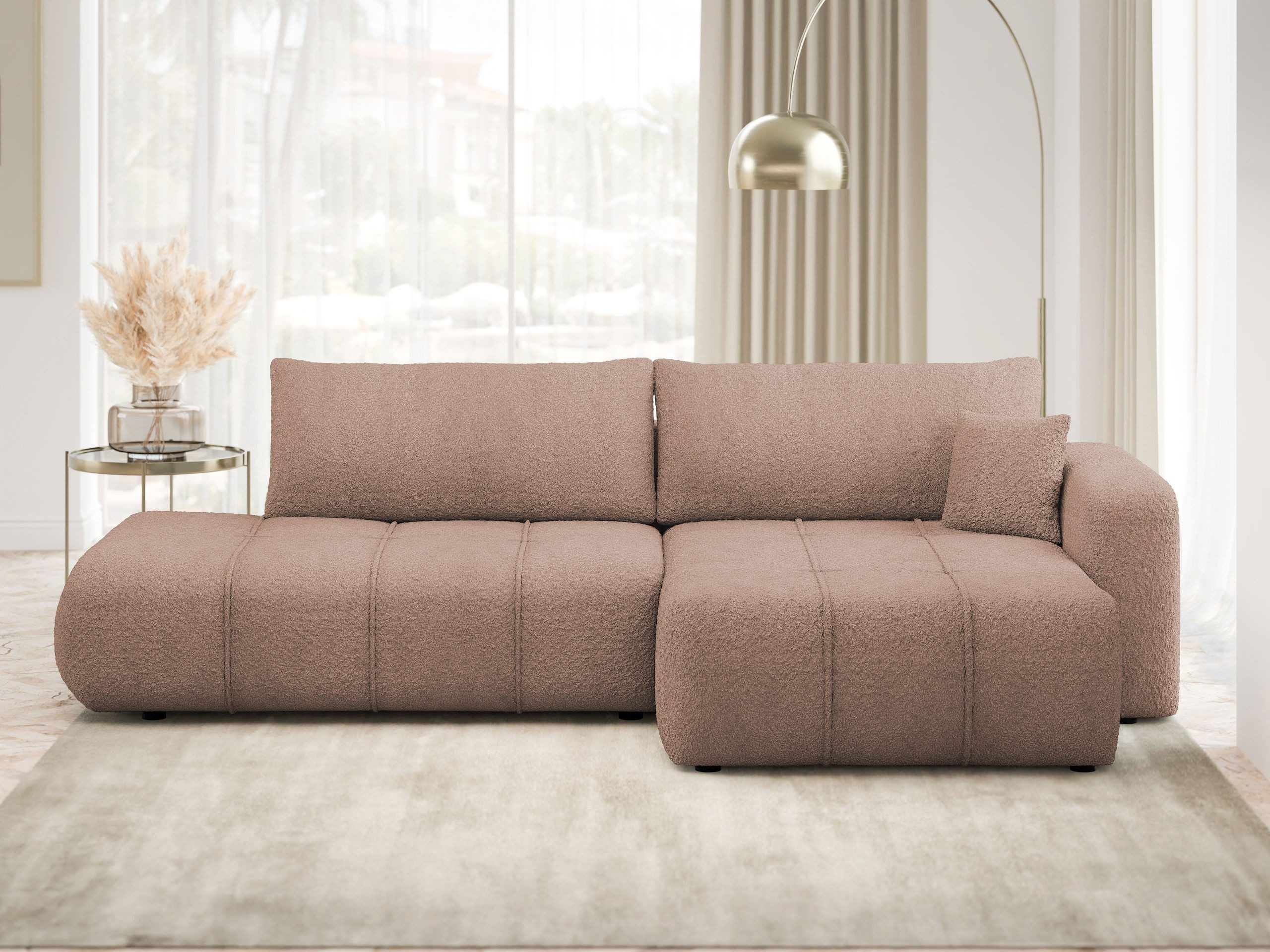 MIRJAN24 Ecksofa Fetrinu O Boucle, mit Schlaffunktion und Bettkasten, Kissen-Set, 262x145x82 cm