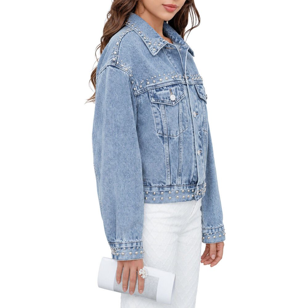 Ital-Design Jeansjacke Damen Jeansjacke mit Nieten und Hemdkragen (91978433) Used-Look Jeansjacke in Blau