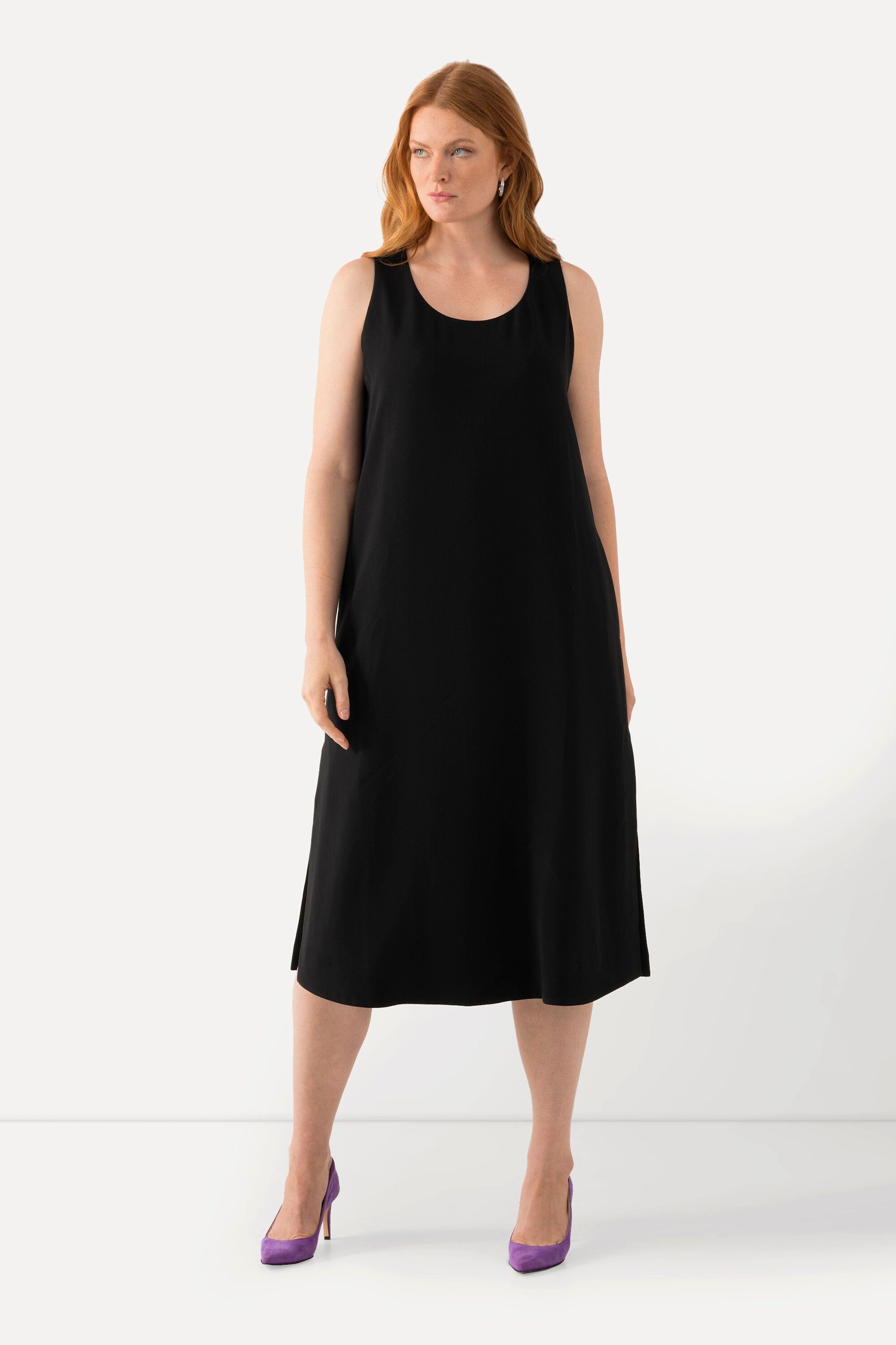 Ulla Popken Midikleid Acetat-Midikleid A-Linie Rundhals ärmellos Taschen