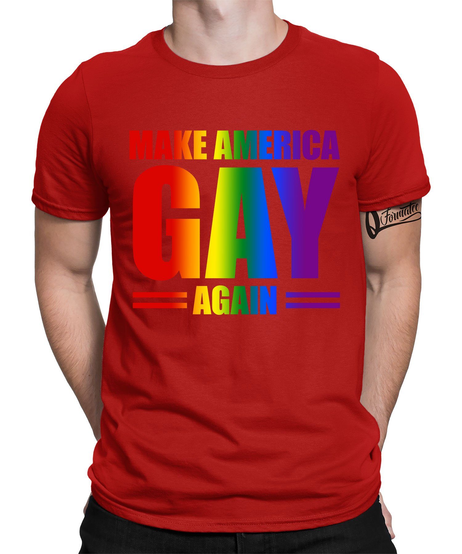 America - LGBT T-Shirt Again Gay Rot Herren Formatee Gay (1-tlg) Pride Kurzarmshirt Stolz Quattro Regenbogen