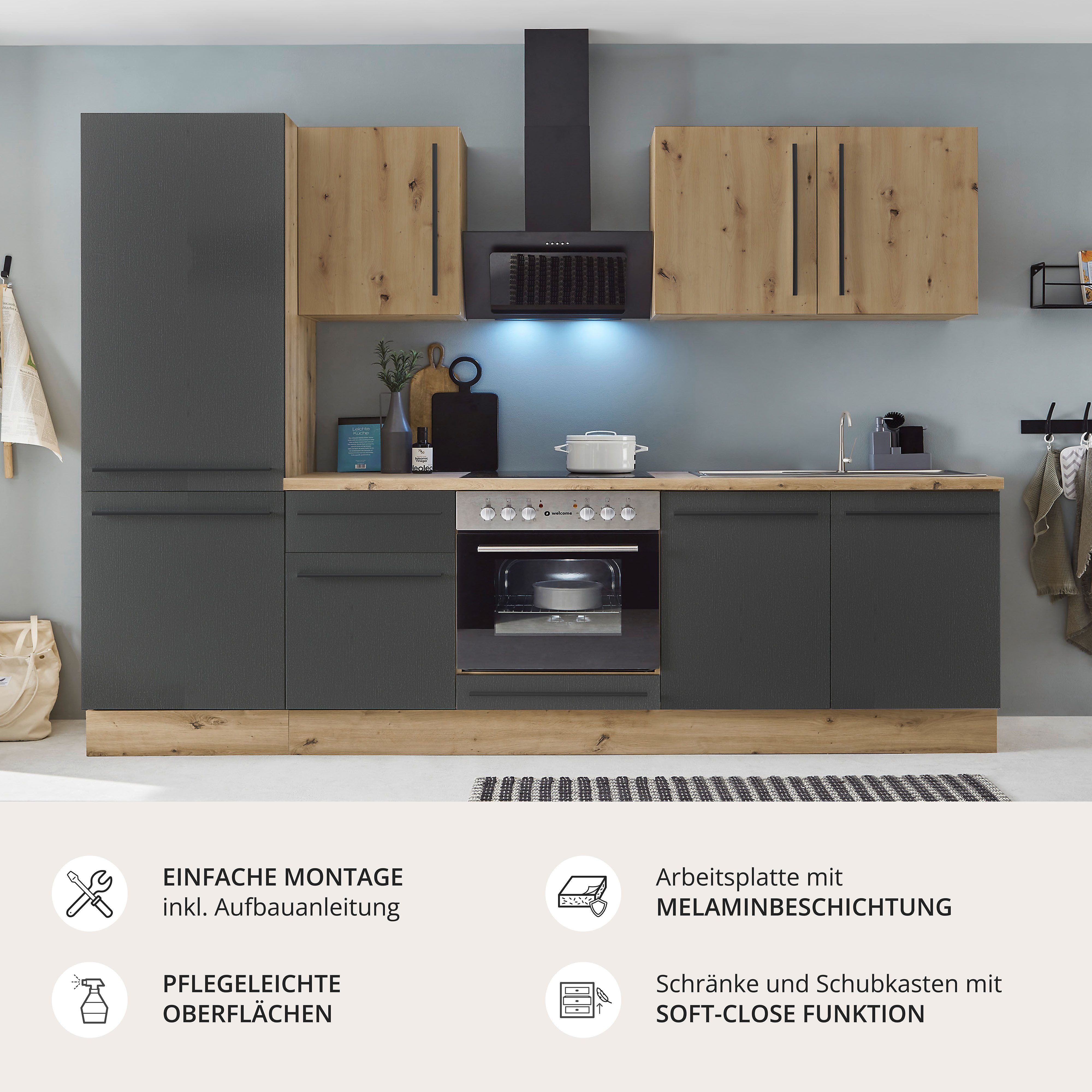 KOCHSTATION Küchenzeile KS-Florida mit 38mm starker Arbeitsplatte, Breite 270 cm, wahlweise mit E-Geräten, Soft-Close-Funktion