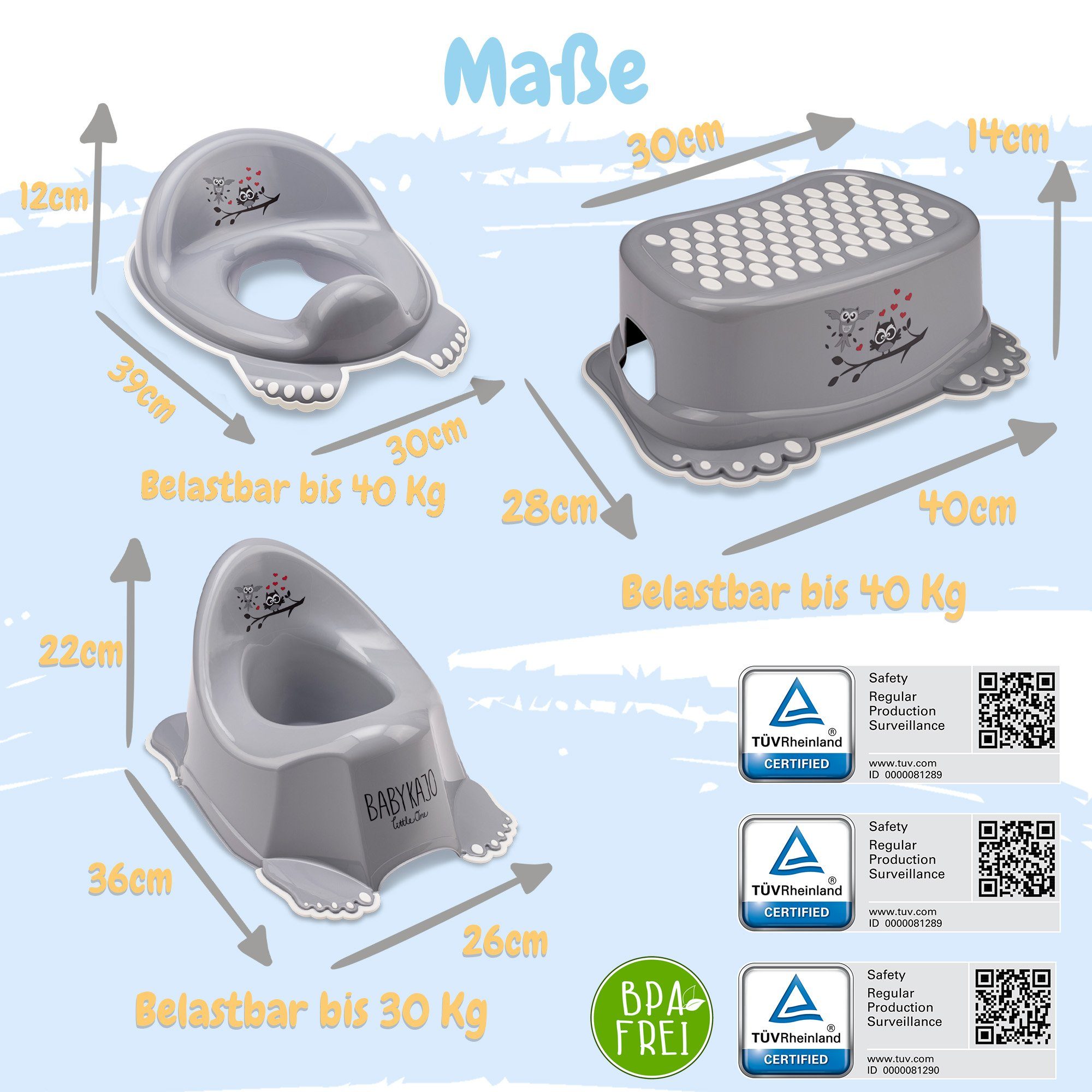 grau + Babybadewanne, WC mit Töpfchen Eule Gestell Trainer + Badewanne + (Teile, Babykajo + 7-tlg), Hocker Badesitz Baby