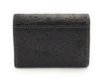 Hill Burry Mini Geldbörse echt Leder Damen Portemonnaie mit RFID Schutz, florale Prägung, kleiner Wickel-Geldbeutel, schwarz