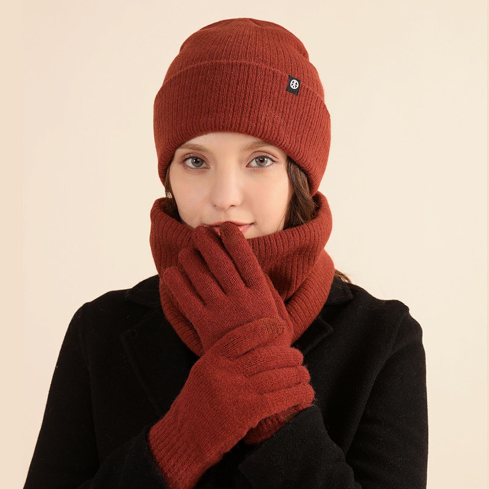 Rutaqian Schlupfmütze Unisex Beanie Strickmütze Winterschal Thermo Handschuhe (3-in-1 Winter-Set) Warme Knit Hut Loop Schal Rutschfeste Handschuhe Karamell