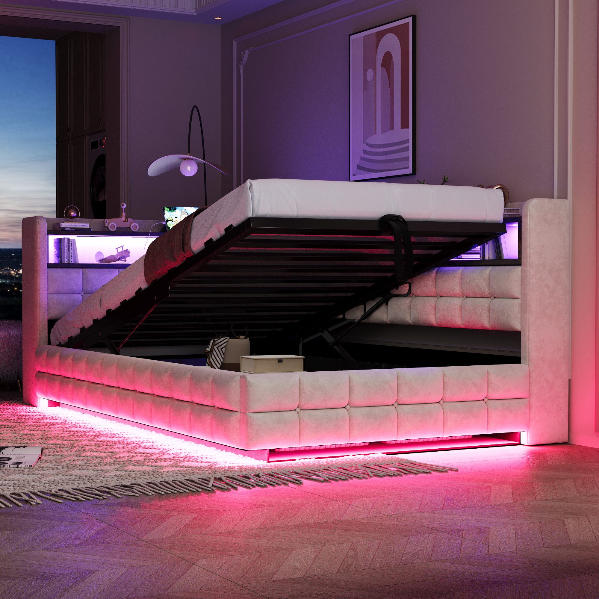 MODFU Polsterbett USB- & Typ-C-Ladeanschlüsse, Holzregal, Lattenrost (Schlafsofa Stauraumbett, Hydraulischer Stauraum, LED-Beleuchtung, Jugendbett 90x200 cm), ohne Matratze