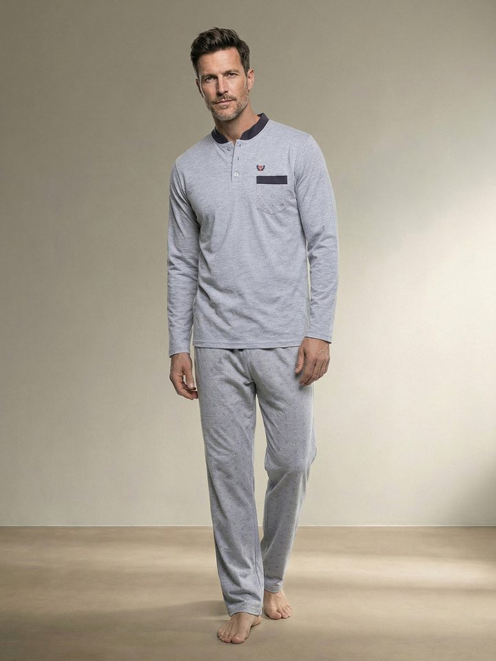 Henry Terre Pyjama Bruno Langarm- Stehkragen Shirt Uni gemusterte Hose Brusttasche