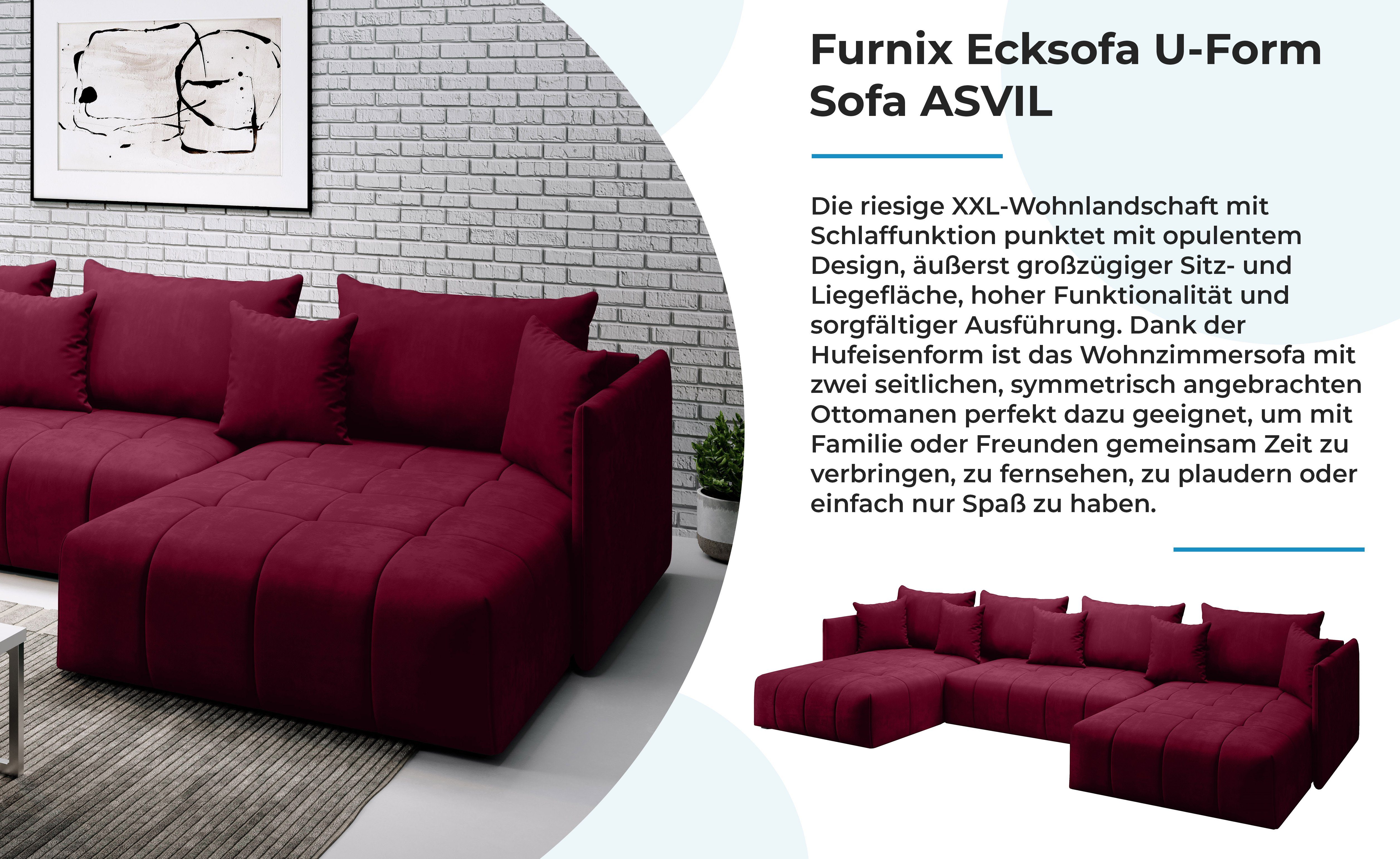 Ecksofa U-Form-Sofa x Made in Rot mit T180 ASVIL Farbauswahl, B353 x und Bettkasten, cm, Furnix Europe MH59 Schlaffunktion H80