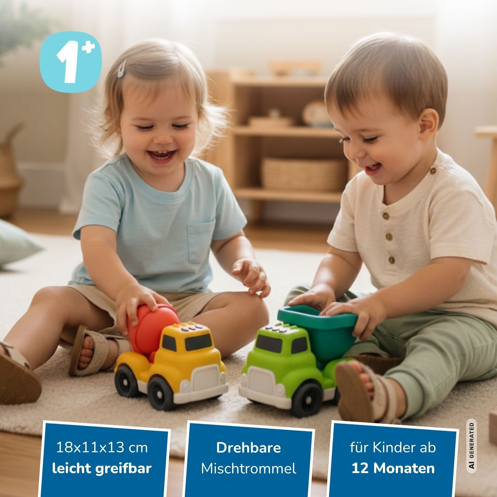 alldoro Spielzeug-Betonmischer Baustellen-Fahrzeug mit drehbarer Mischtrommel für Kinder ab 1 Jahr, Spielzeugauto aus Kunststoff-Weizenstroh für Kinderzimmer & Sandkasten