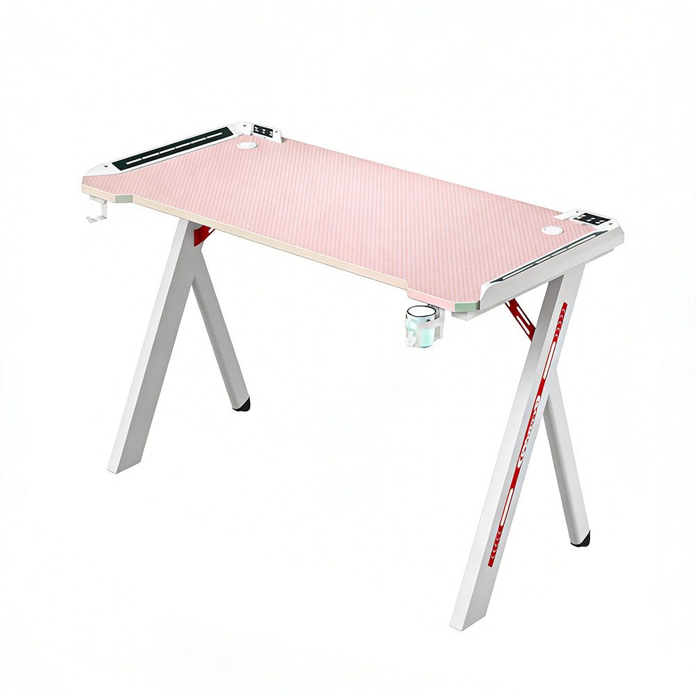 Muxing Schreibtisch Rosa Gaming-Schreibtisch mit RGB LED, Getränkehalter & Kopfhörerhaken (1-St)