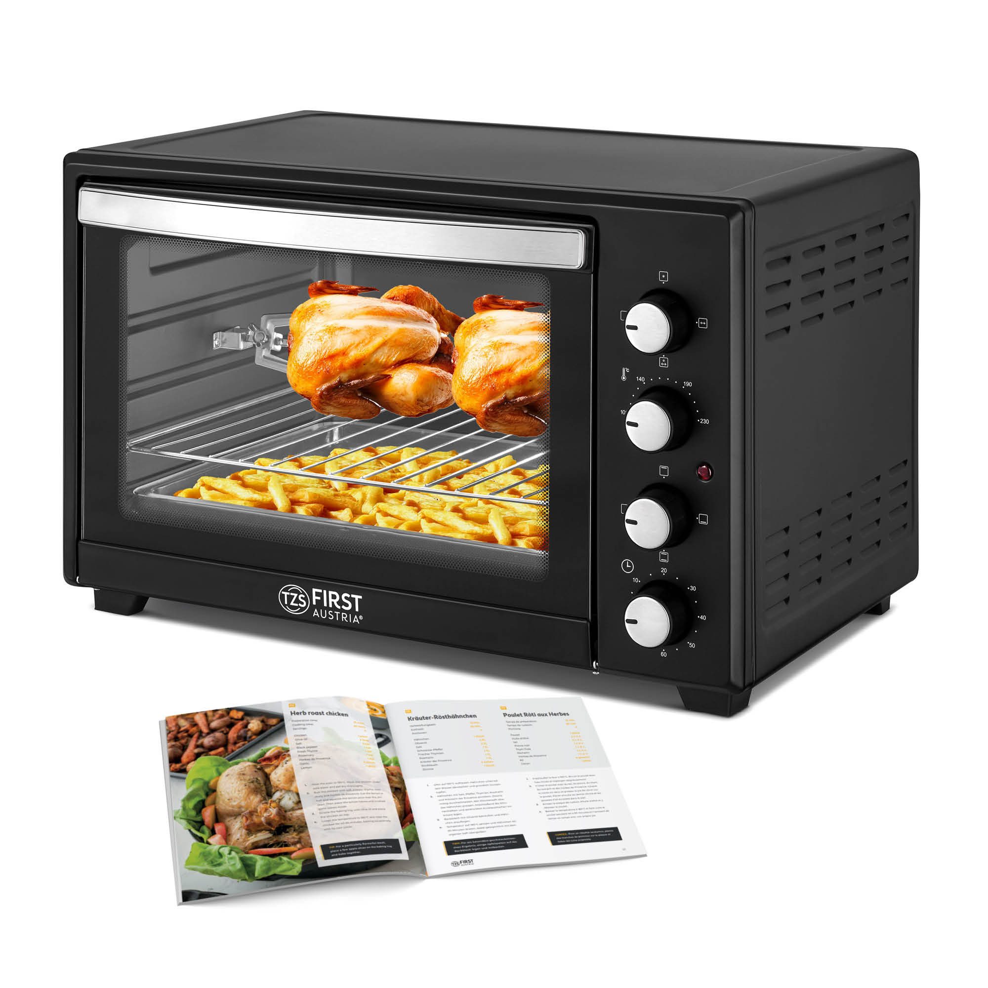 TZS FIRST AUSTRIA Minibackofen 45L 2000W, Premium-X Coating, stufenlose Temperaturregelung bis 230°C, 60 Min Timer, 4 Einschubhöhen, Doppelglastür, Umluftfunktion