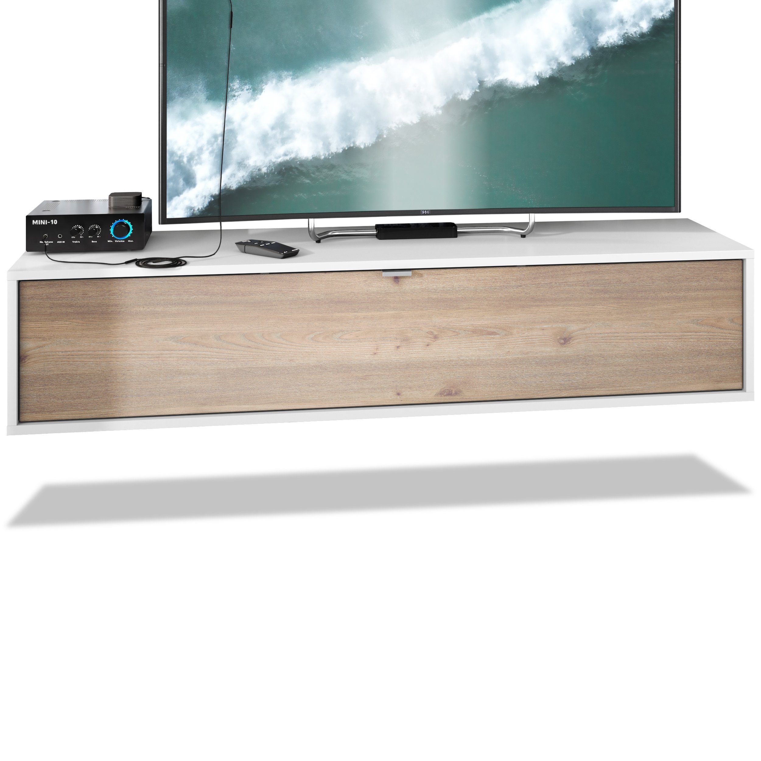 Vladon Lowboard Lana (TV-Kommode, mit Klappe dahinter 3 Fächer), Weiß matt/Eiche Nordic (140 x 29 x 37 cm)