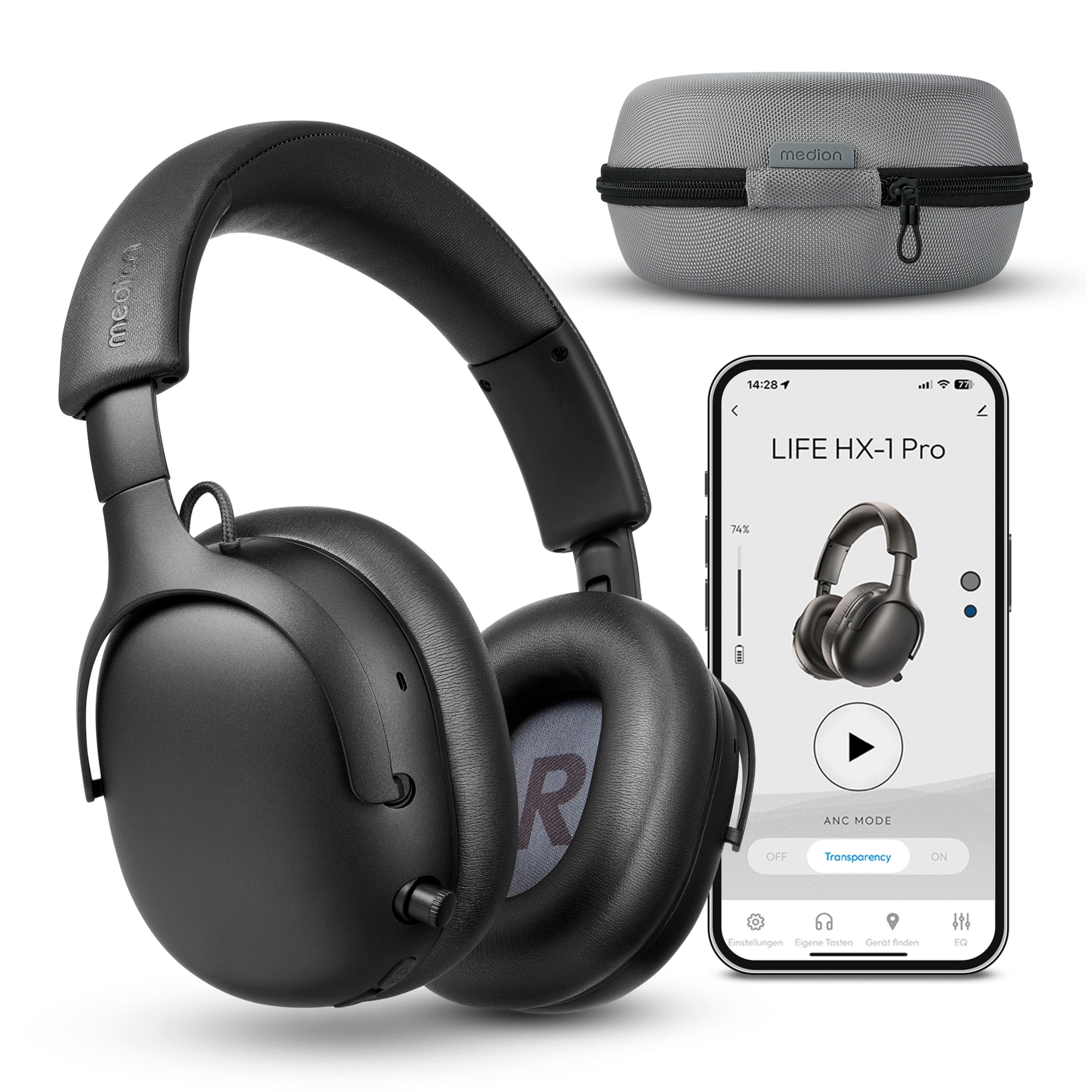 Medion® LIFE HX-1 Pro Over Ear-Kopfhörer (MD43772) Kopfhörer (An/Aus Anzeige, Austauschbare Ohrpolster, AUX-Eingang, Bluetooth, Drahtlos, Drehbare Ohrmuscheln, Integrierte Akku, LED-Beleuchtung, Spritzwasserschutz, USB-Ladefunktion, Bluetooth 6.0)