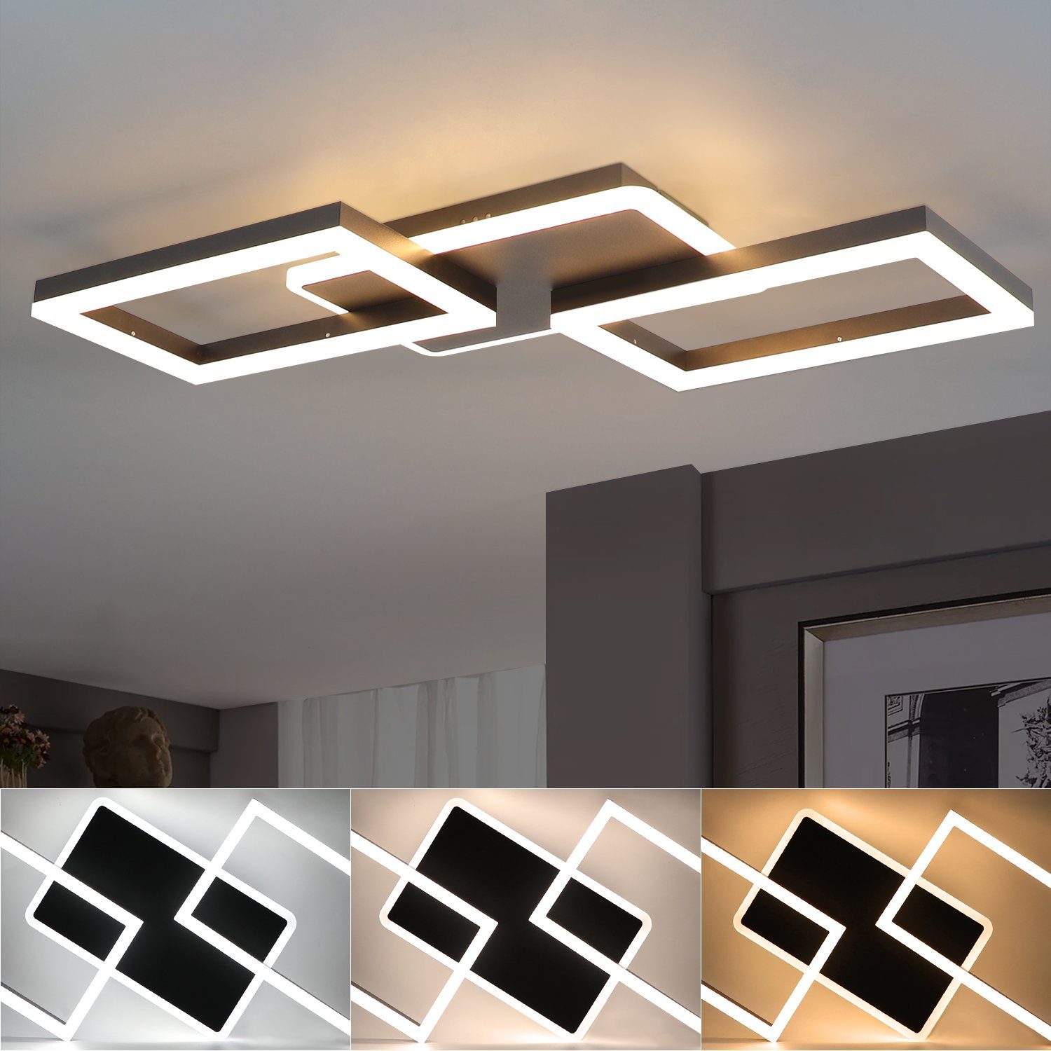 Nettlife LED Deckenleuchte Wohnzimmer Dimmbar mit Fernbedienung Schwarz  Modern 48W, LED fest integriert, Warmweiß, Neutralweiß, Kaltweiß,  Schlafzimmer Küche Flur Büro