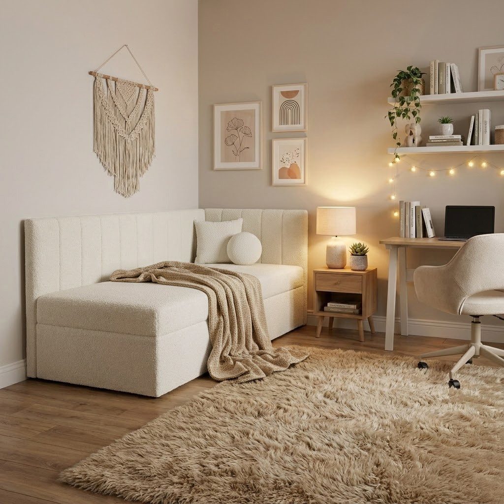 Beautysofa Einzelbett 90×200 mit Bettkasten RAFI (modernes Eckbett aus Bouclé-Stoff, für Kinder- und Jugendzimmer), mit Topper und Kissen