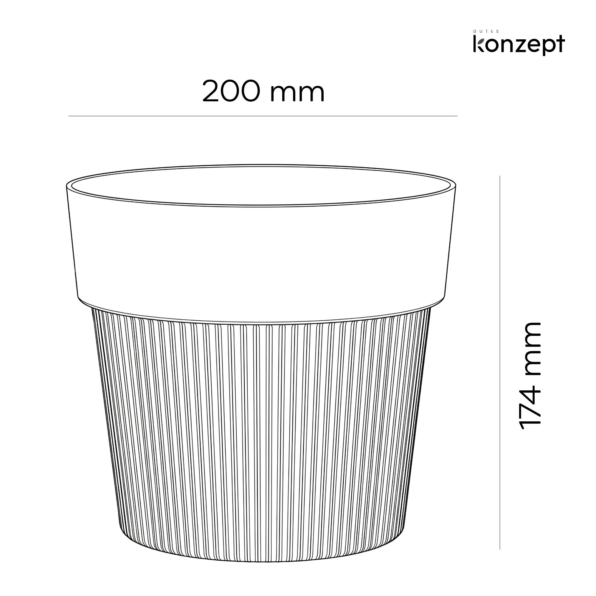 KONZEPT Übertopf 20 cm Durchmesser, 3,6 L, UV- & wetterbeständig, Matte Oberfläche, Oberer Rand & vertikale Rillenstruktur, 3,6 L