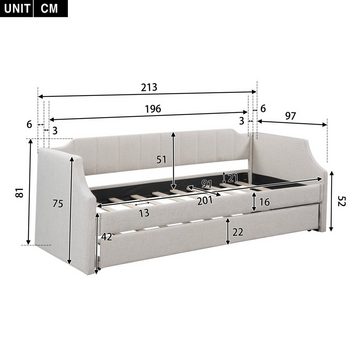 Ulife Daybett Tagesbett Polsterbett mit Unterbett (Gepolstertes Einzeltagesbett mit Rollbett), 90x200cm+90x190cm Leinen