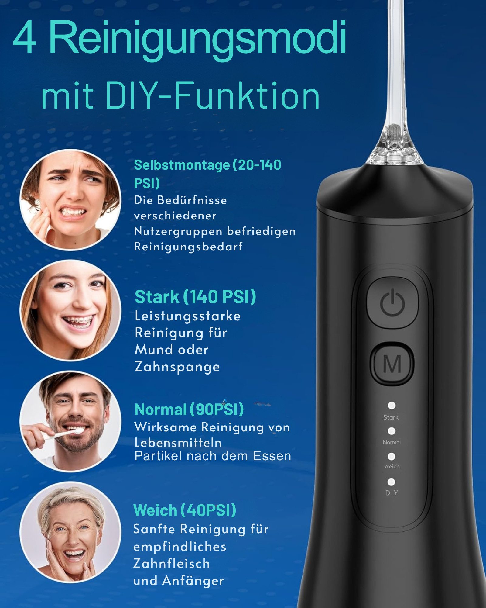 Vivitar Munddusche Kabellos mit 300-ml-Wassertank, 4 Modi, USB-C-Akku 2000 mAh, einschließlich Druckeinstellung 20 – 140 PSI, IPX7 wasserdicht