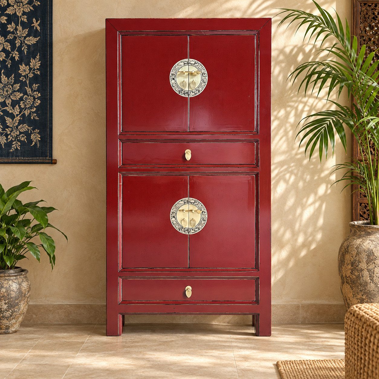 OPIUM OUTLET Kleiderschrank Schrank Hochzeitsschrank Asia Möbel komplett montiert (Wohnzimmer Schlafzimmer Antik-Stil, Hoch-Kommode BxTxH: 80x42x154 cm) Vintage-Stil asiatisch chinesisch orientalisch