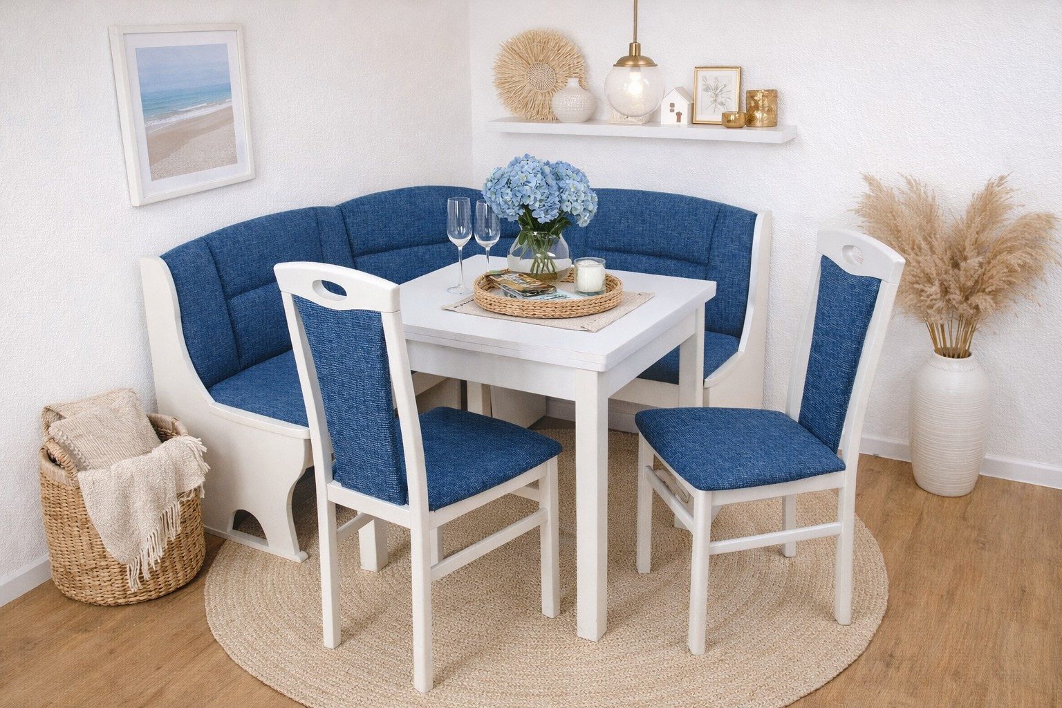 Eckbankgruppe Madrid 4tlg. Set (Stauraumeckbank, Ausziehtisch, Massivholzstühle)