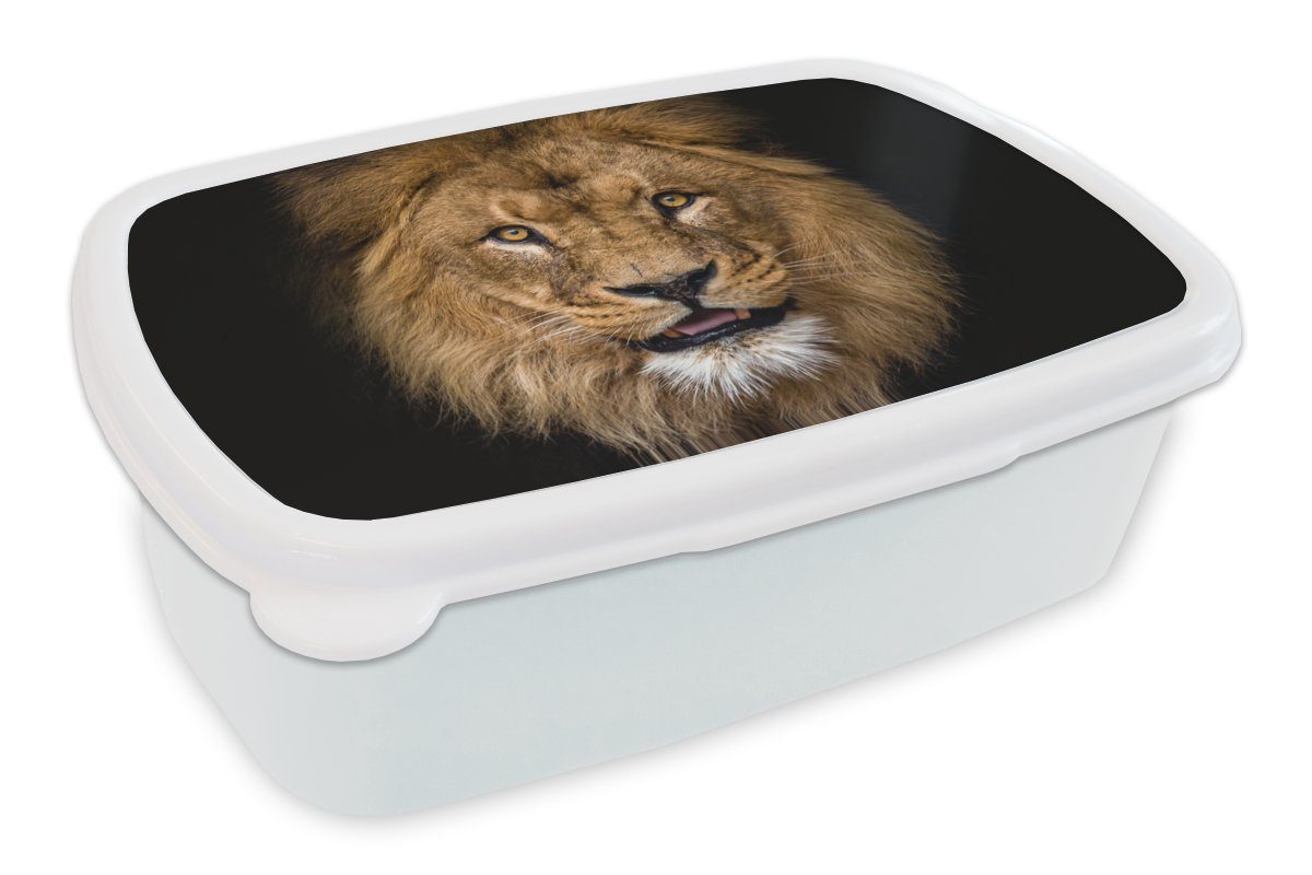MuchoWow Lunchbox Löwe - Porträt - Schwarz - Tiere, Kunststoff, (2-tlg), Brotbox für Kinder und Erwachsene, Brotdose, für Jungs und Mädchen weiß