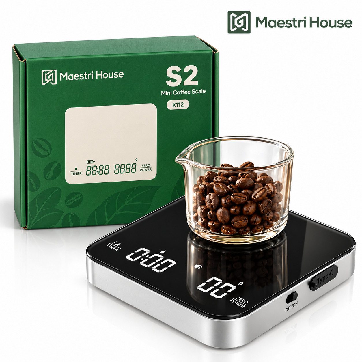 Maestri House Küchenwaage K112 Espressowaage mit Auto-Timer, 0,1 g / 2 kg, (1-tlg., Glasoberfläche für Espresso und Pour Over), Touch-Bedienung, USB-C, Tara, Stummschaltung