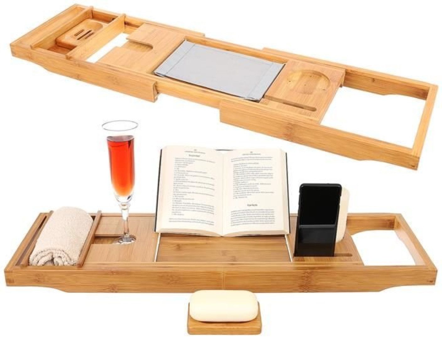 Ruhhy Badewannenablage Bambus Ausziehbares Badewannenregal mit Buchhalter u günstig online kaufen