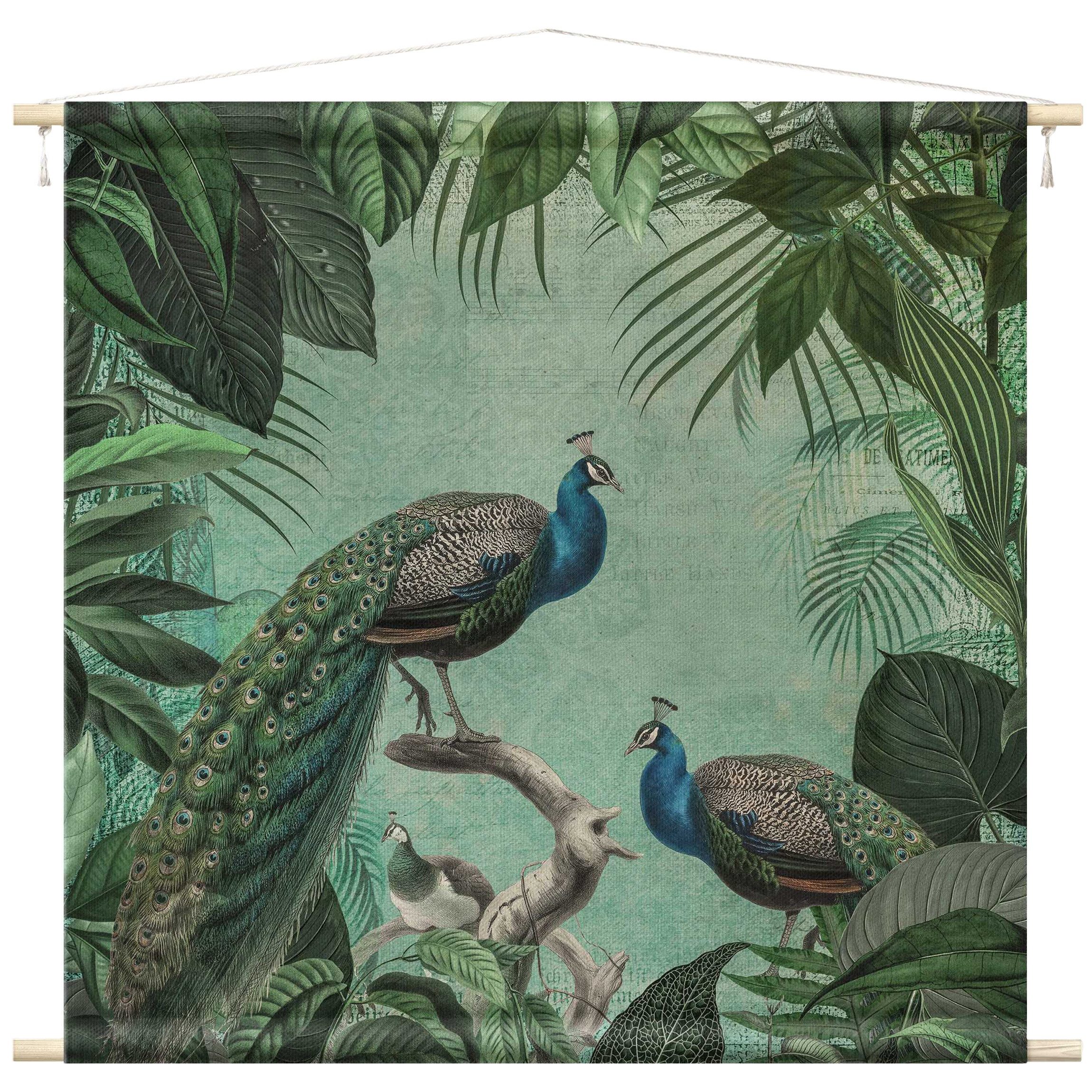 Bilderdepot24 Wandteppich modern Vintage Botanik Tiere Vögel türkis, quadratisch, Höhe: 2.6 mm, großes Wandbild aus Natur-Baumwolle Wandbehang Stoffbild Tuch Wollseil