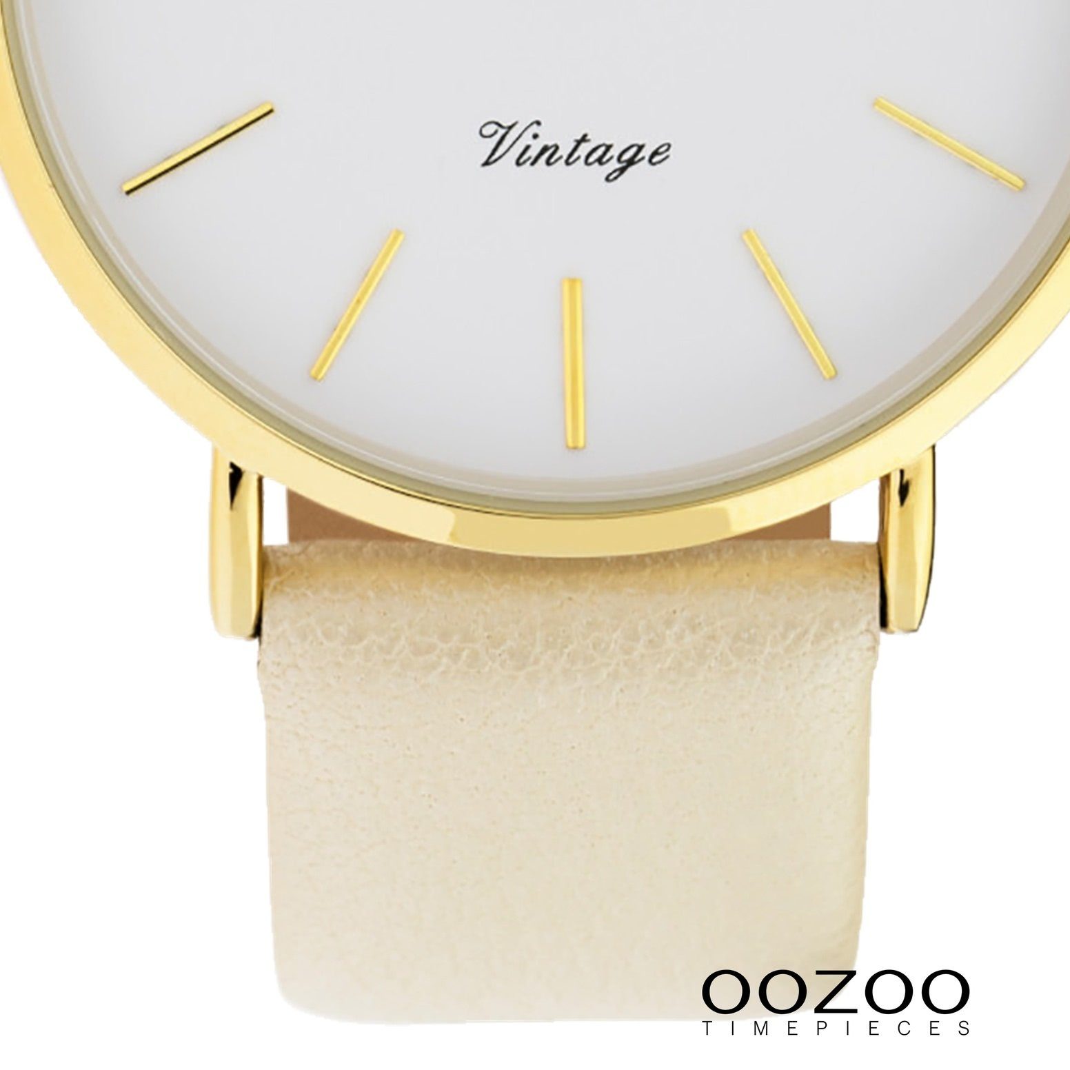 Oozoo creme, (ca. Quarzuhr Fashion-Style groß Damen rund, OOZOO 40mm) Damenuhr Armbanduhr Lederarmband,