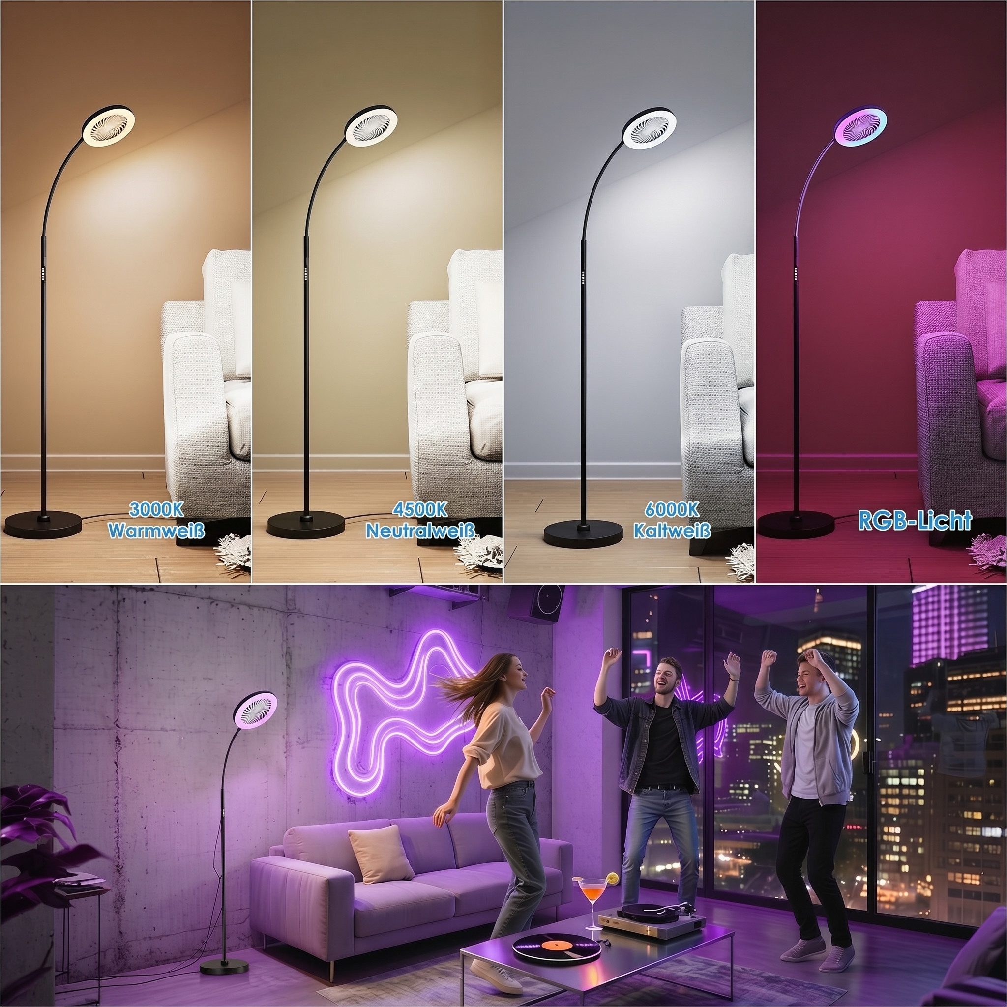 oyajia Standventilator Stehlampe mit Ventilator, 3 Windgeschwindigkeiten, RGB IC Farbwechsel, 2 in 1 RGB Stehlampe mit Ventilator