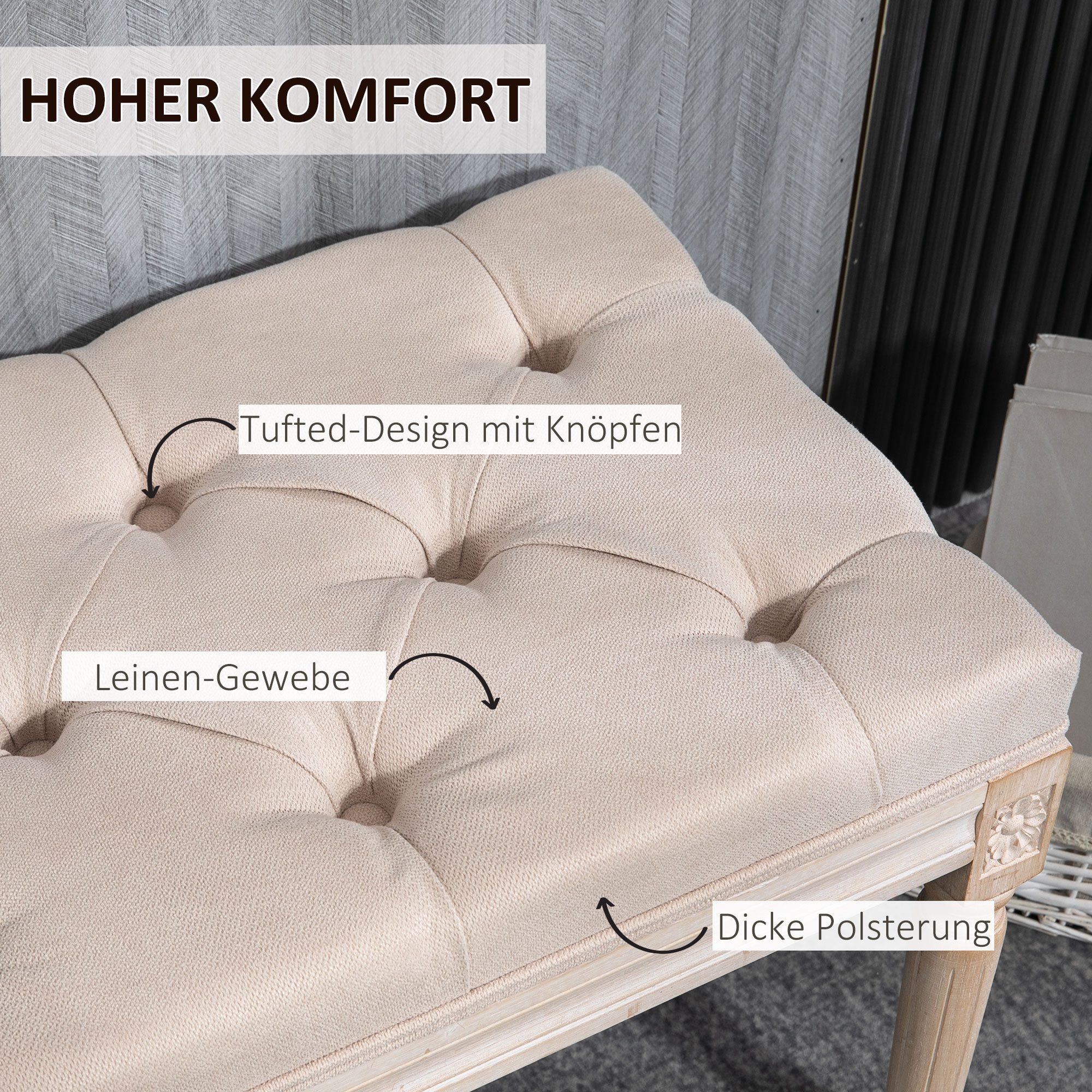 HOMCOM Polsterbank Vintage Bettbank, Flurbank mit Knöpfen, Leinenoptik (Bettbank, 1-St., Sitzbank), Beige 80 x 40 x 43cm – Bild 4 von 5