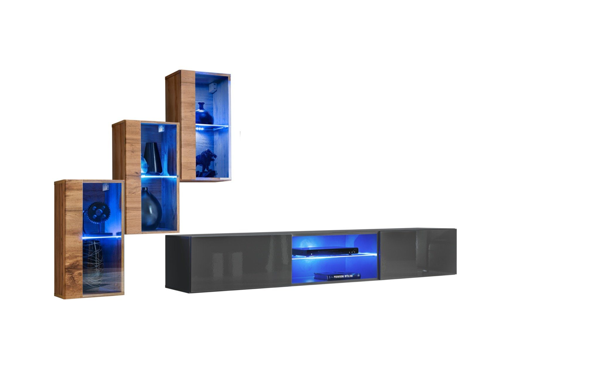 Wand Wohnwand Wohnwand Ständer Modern 3x (4-St., JVmoebel beleuchtet + Komplett Hänge Vitrine), 3x Hänge TV-Ständer Vitrine, TV LED