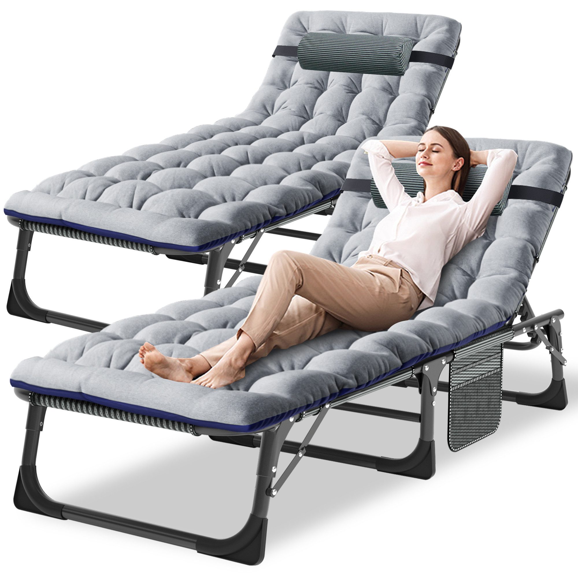 Meulbaty Klappbett Klappbar Sonnen Liege für Balkon/Garten, mit Auflage und Seitentasche (2-St) mit 5-stufiges Verstellmechanismus und 2.3-3cm Matratze
