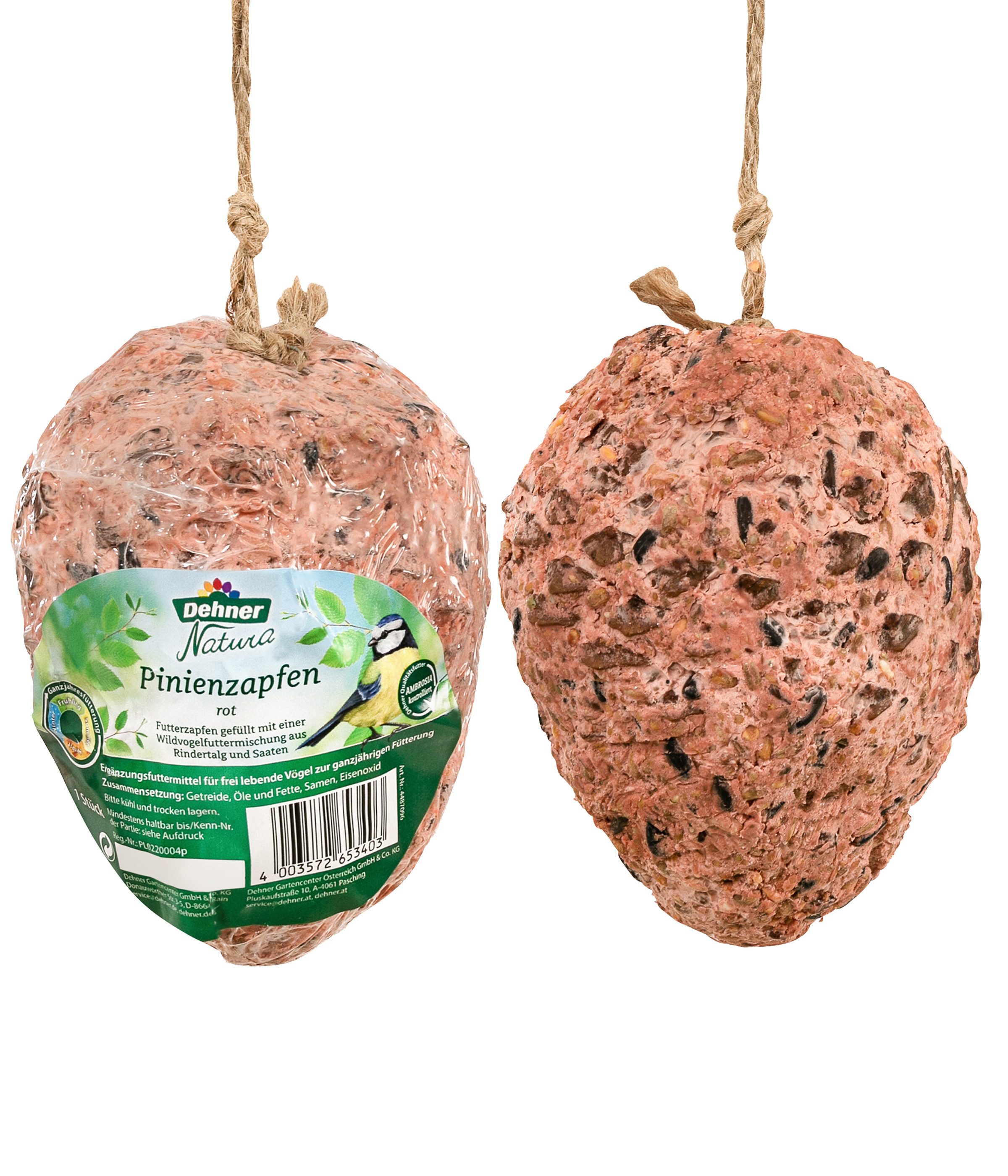 Dehner Natura Premium Wildvogelfutter Pinienzapfen, 4 x 350 g, Kraftfutter für: Wildvogel, zum aufhängen, Fettfutter aus Rindertalg und Saaten