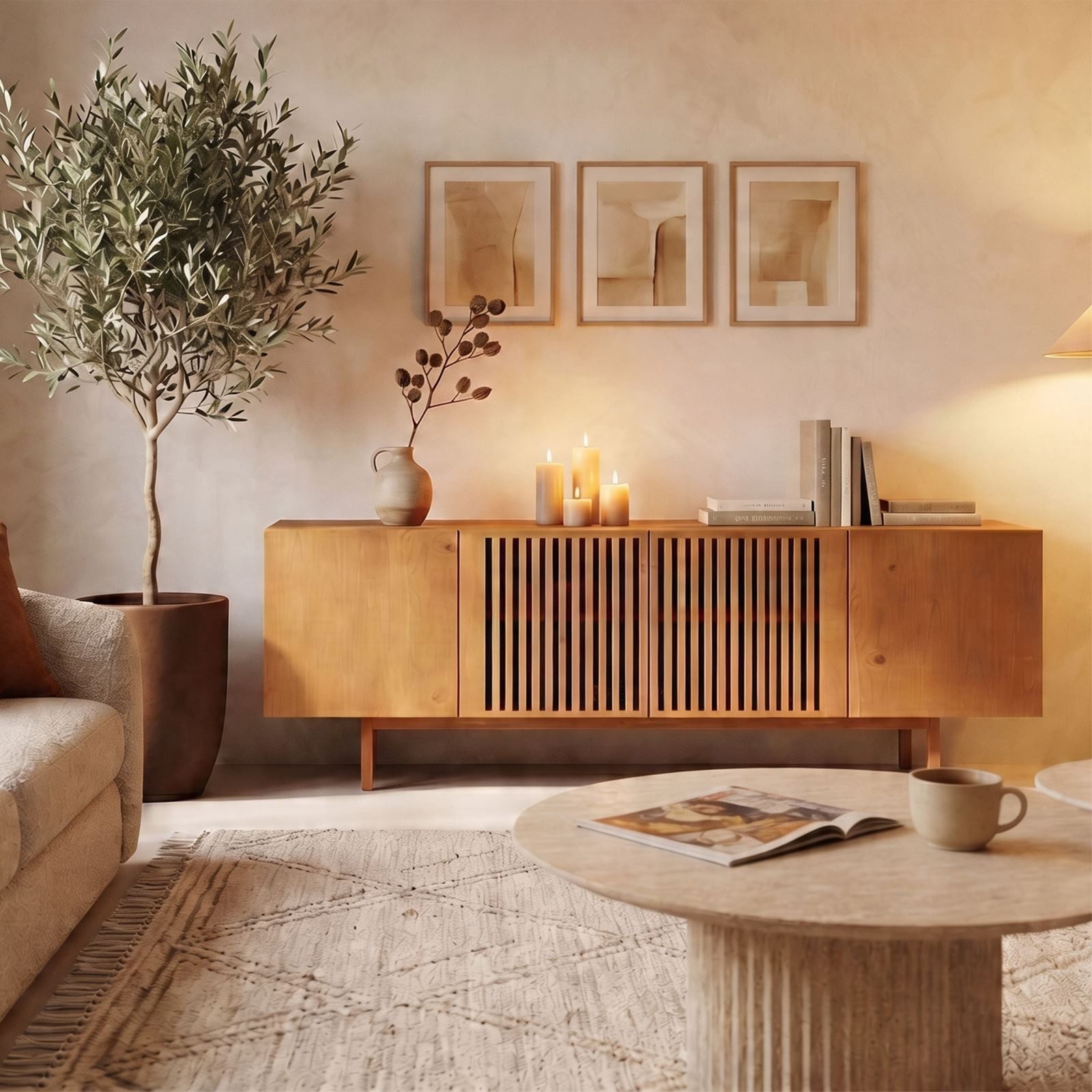 IDIMEX Lowboard LINN, Sideboard 180 cm aus Massivholz mit Lamellentüren Eiche Finish