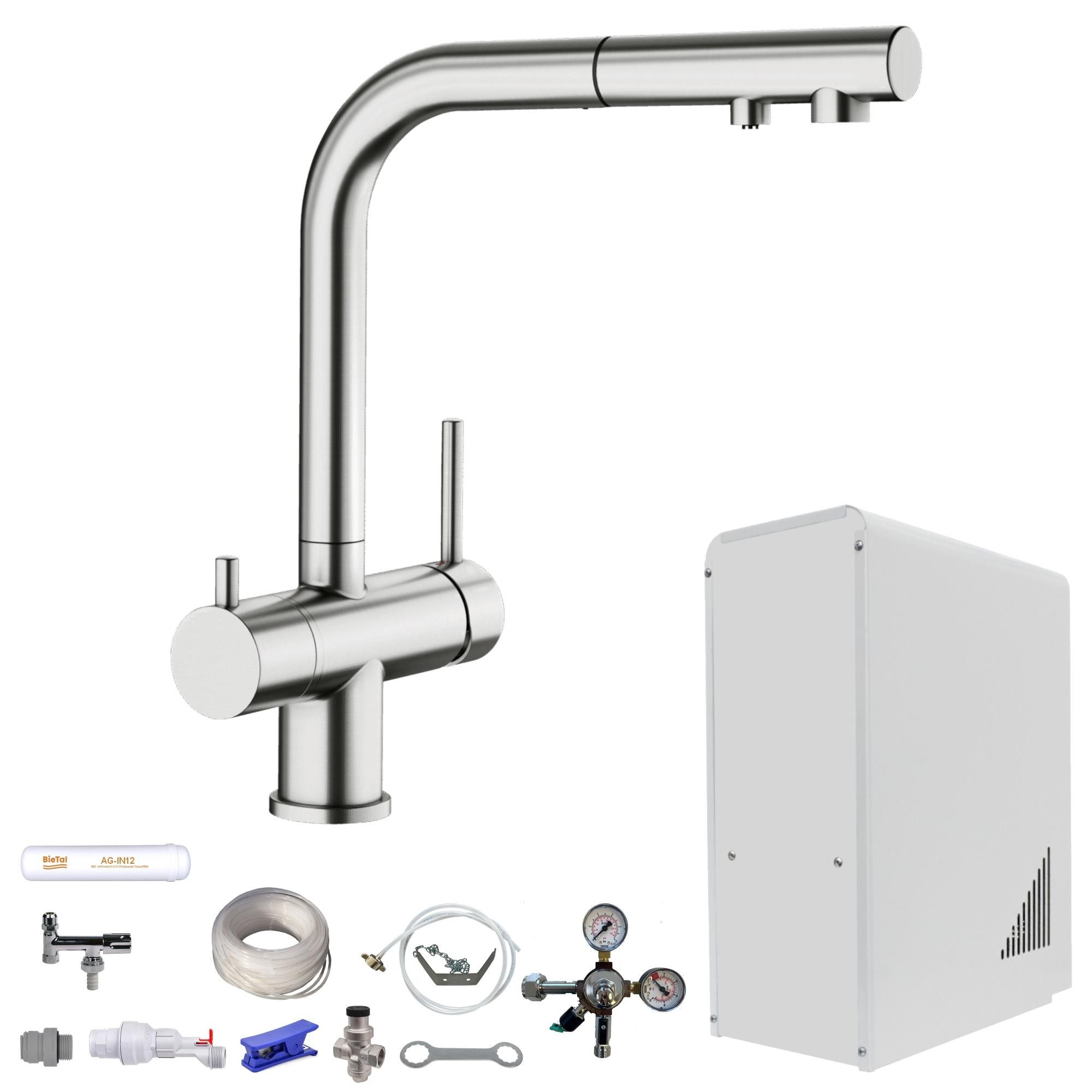 BieTal Wassersprudler Tafelwassergerät BieTal® BT-10U Sprudelwasser Zapfstelle Komplett Set, (Set, ohne CO2 Flasche-tlg., 3-Wege Blanco Fontas Edelstahl ausziehbar 1-leitig), Sprudelwasseranlage Trinkwasser Wasserspender