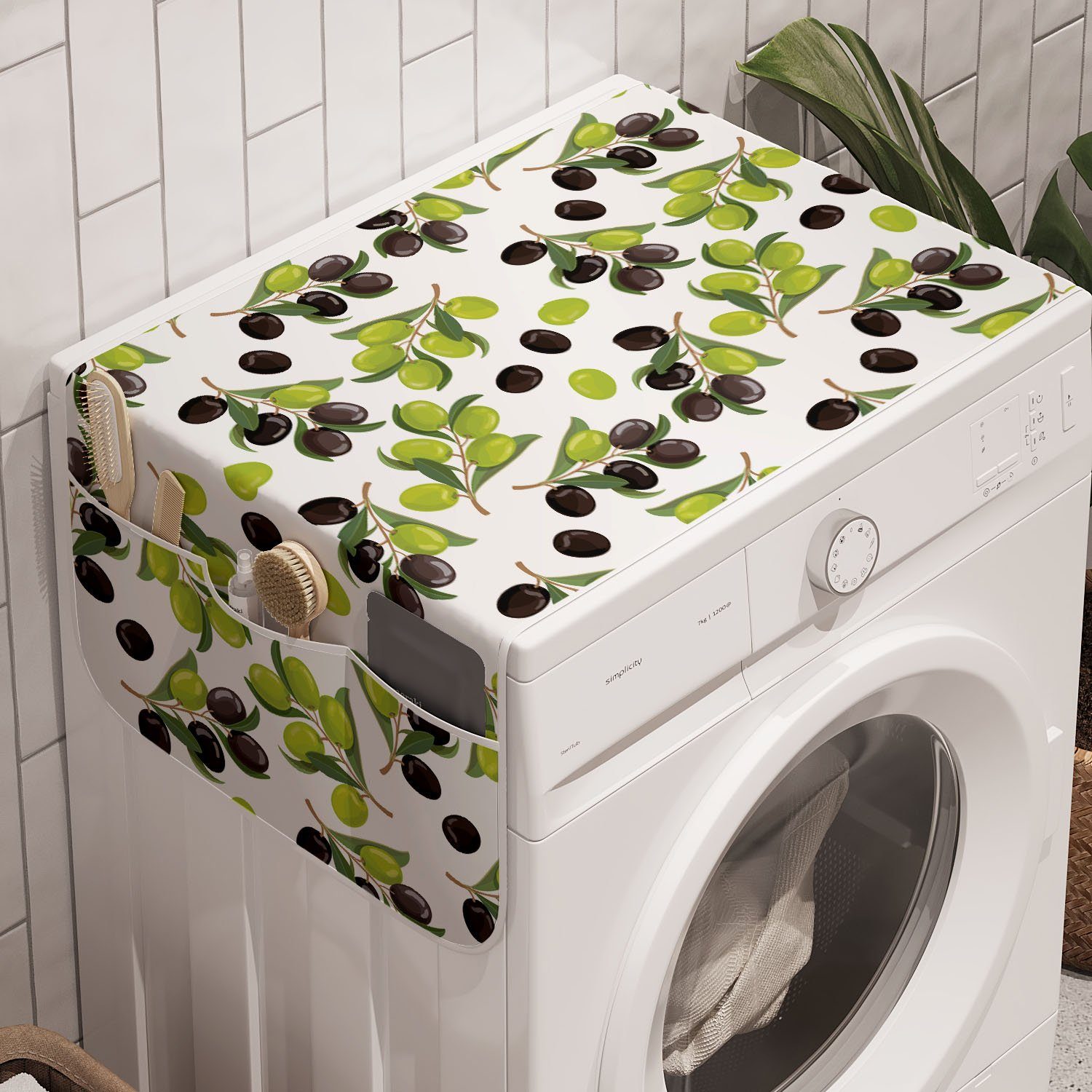 Abakuhaus Badorganizer Anti-Rutsch-Stoffabdeckung für Waschmaschine und Trockner, Italien Schwarze grüne Oliven auf Zweig