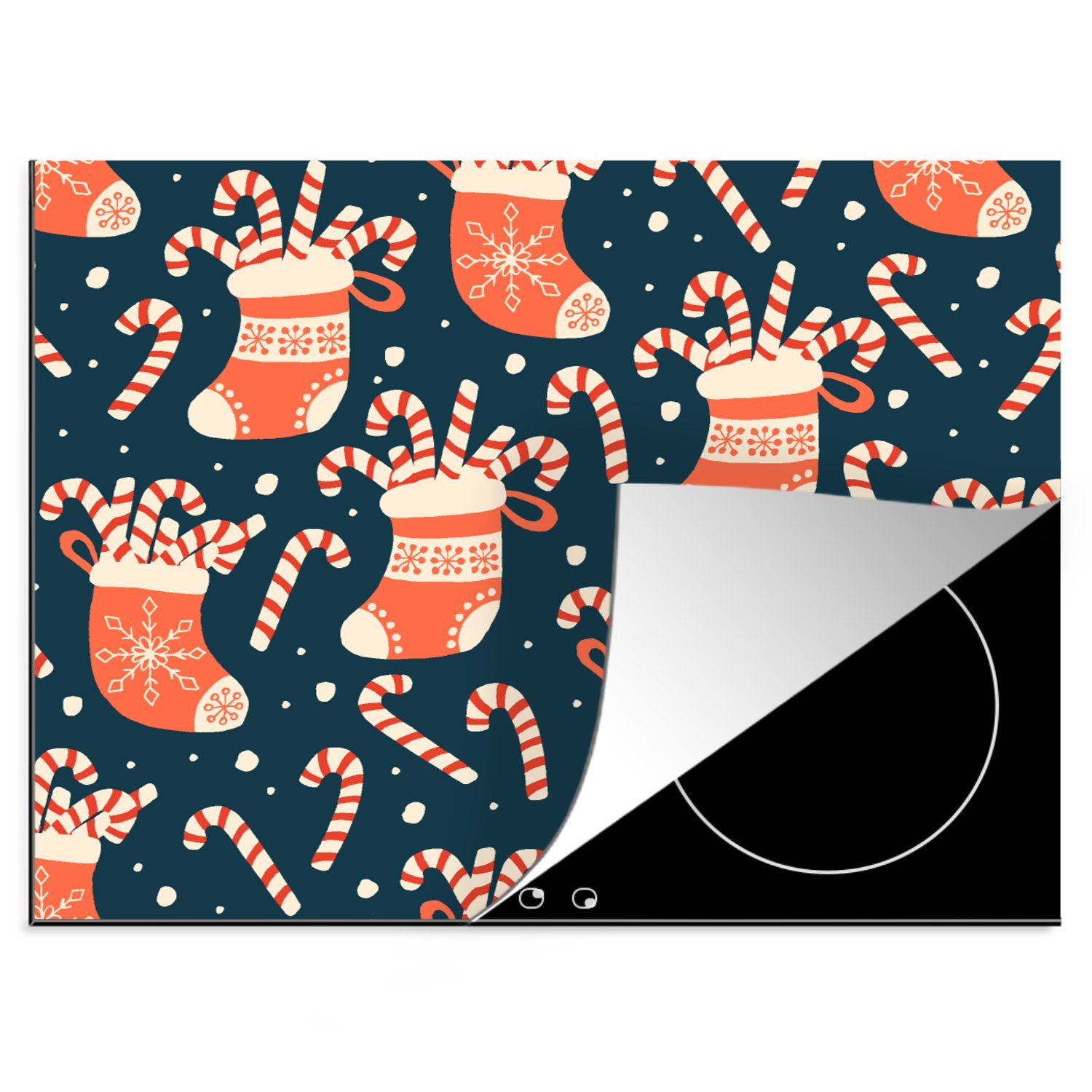(1 MuchoWow Arbeitsfläche tlg), Süßigkeiten Schnittmuster, Herdblende-/Abdeckplatte cm, - Socken Mobile Weihnachten Ceranfeldabdeckung 60x52 - nutzbar, Vinyl, -
