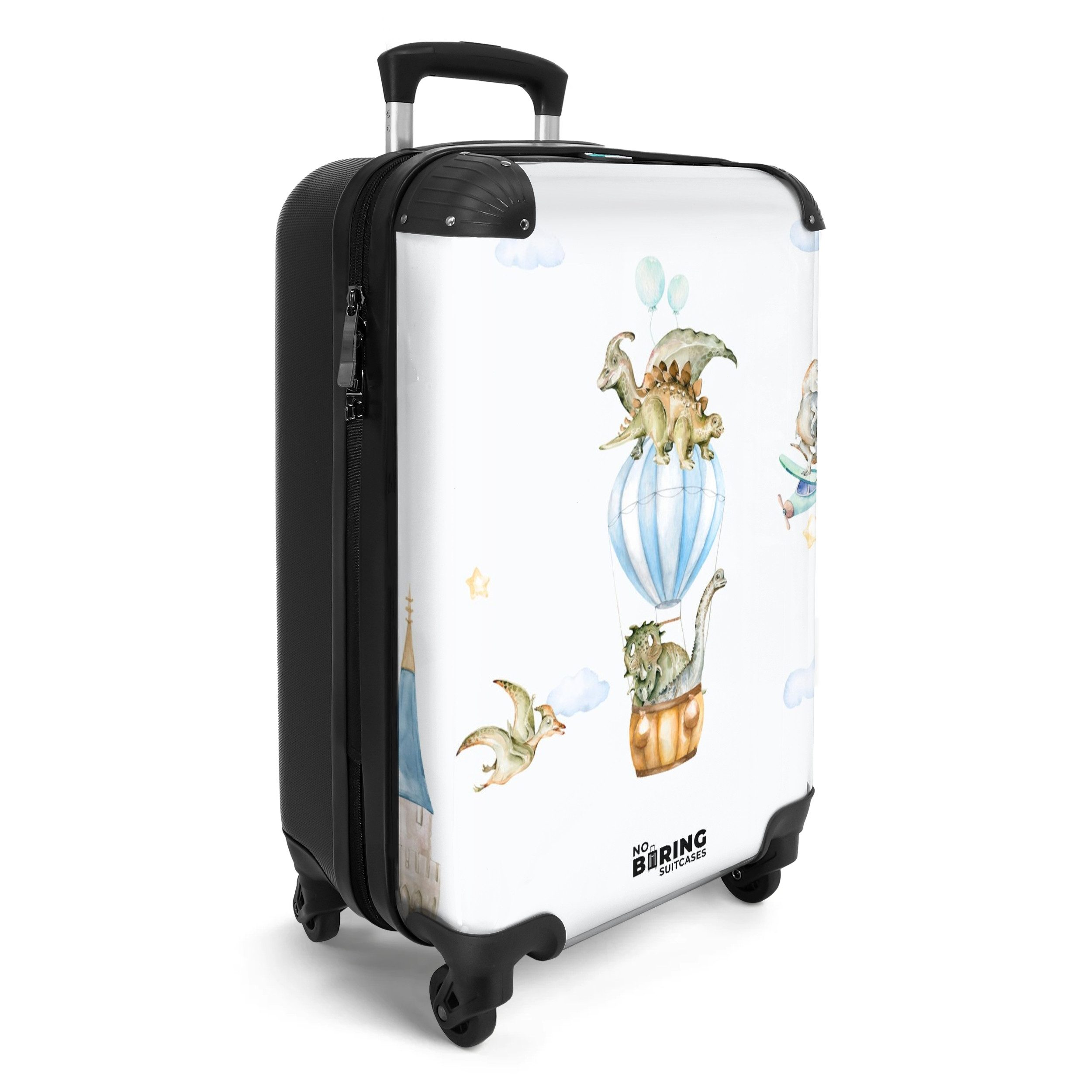 NoBoringSuitcases.com© Kinderkoffer Dinosaurier - Heißluftballon - Junge - Flugzeug - Sterne 55x35x20cm, 4 Rollen, Kinder Koffer Klein, Trolley Handgepäck, Reisekoffer