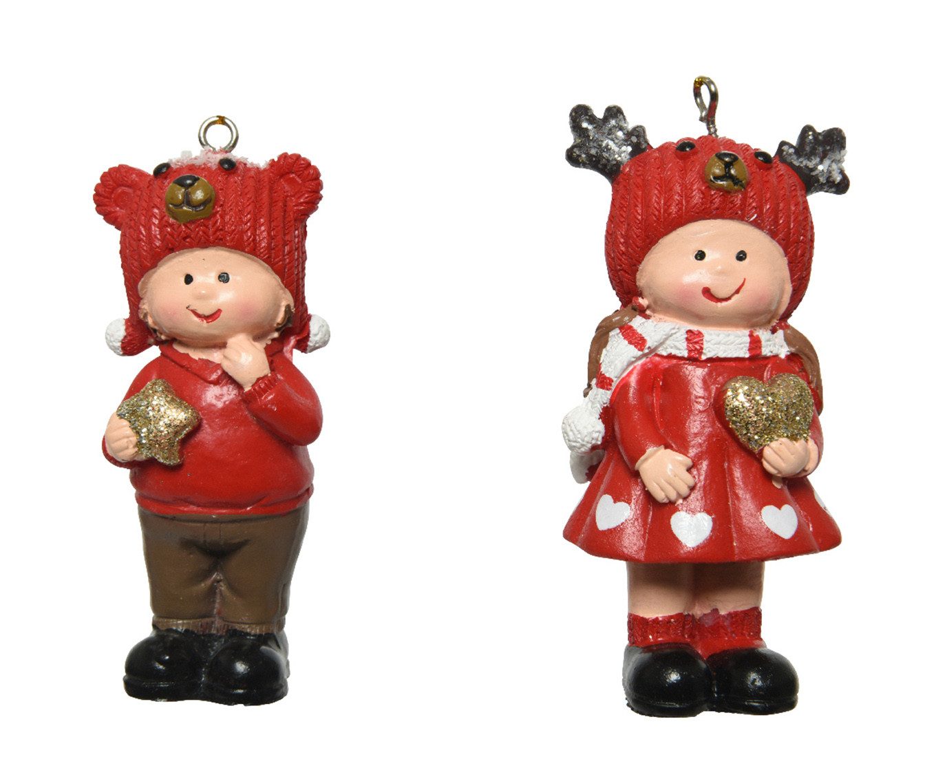 Kaemingk Christbaumschmuck, Christbaumschmuck Mädchen / Junge mit Mützen 8cm Keramik 2er Set rot