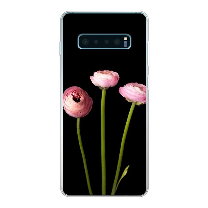 MuchoWow Handyhülle Drei Butterblumen auf schwarzem Hintergrund Phone Case Handyhülle Samsung Galaxy S10+ Silikon Schutzhülle