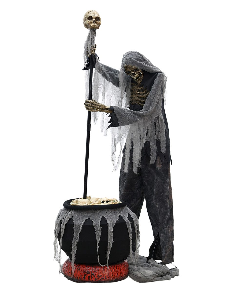 Horror-Shop Dekoobjekt Halloween Animatronic Skelett Warlock mit Kessel –